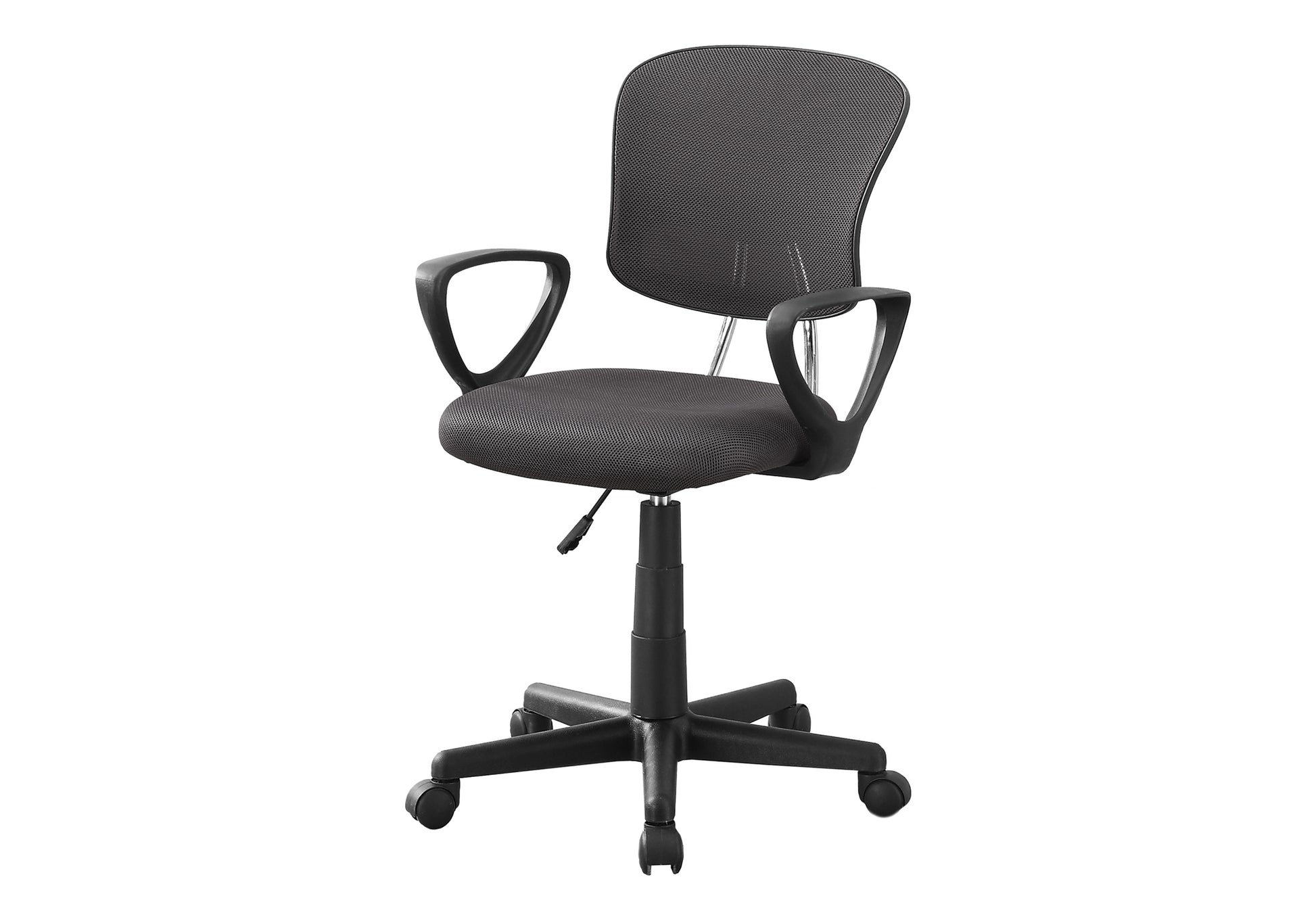 Black mesh back office chair with padded seat and adjustable height for comfortable workspace