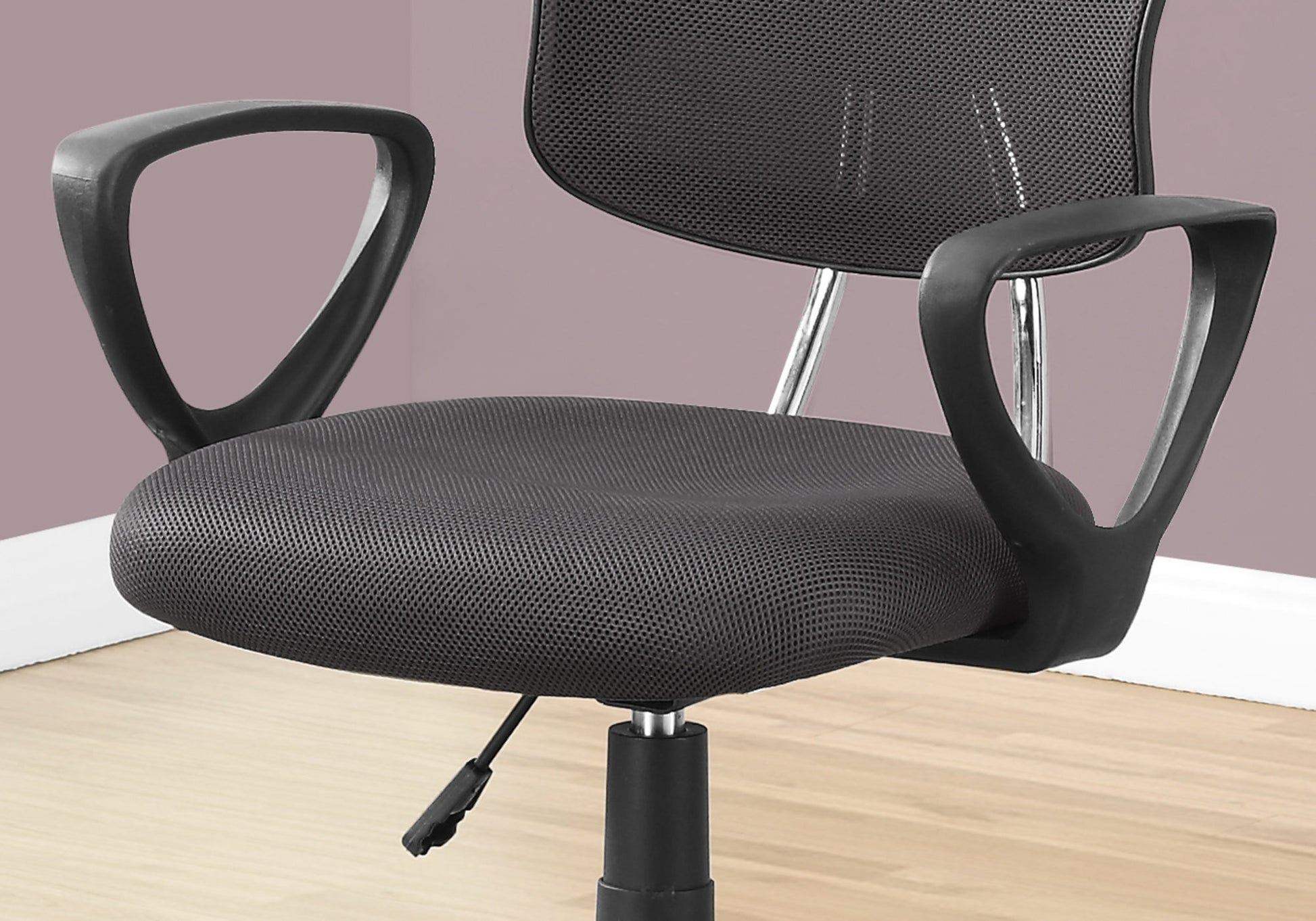 Black mesh office chair with padded seat and armrests for ergonomic comfort
