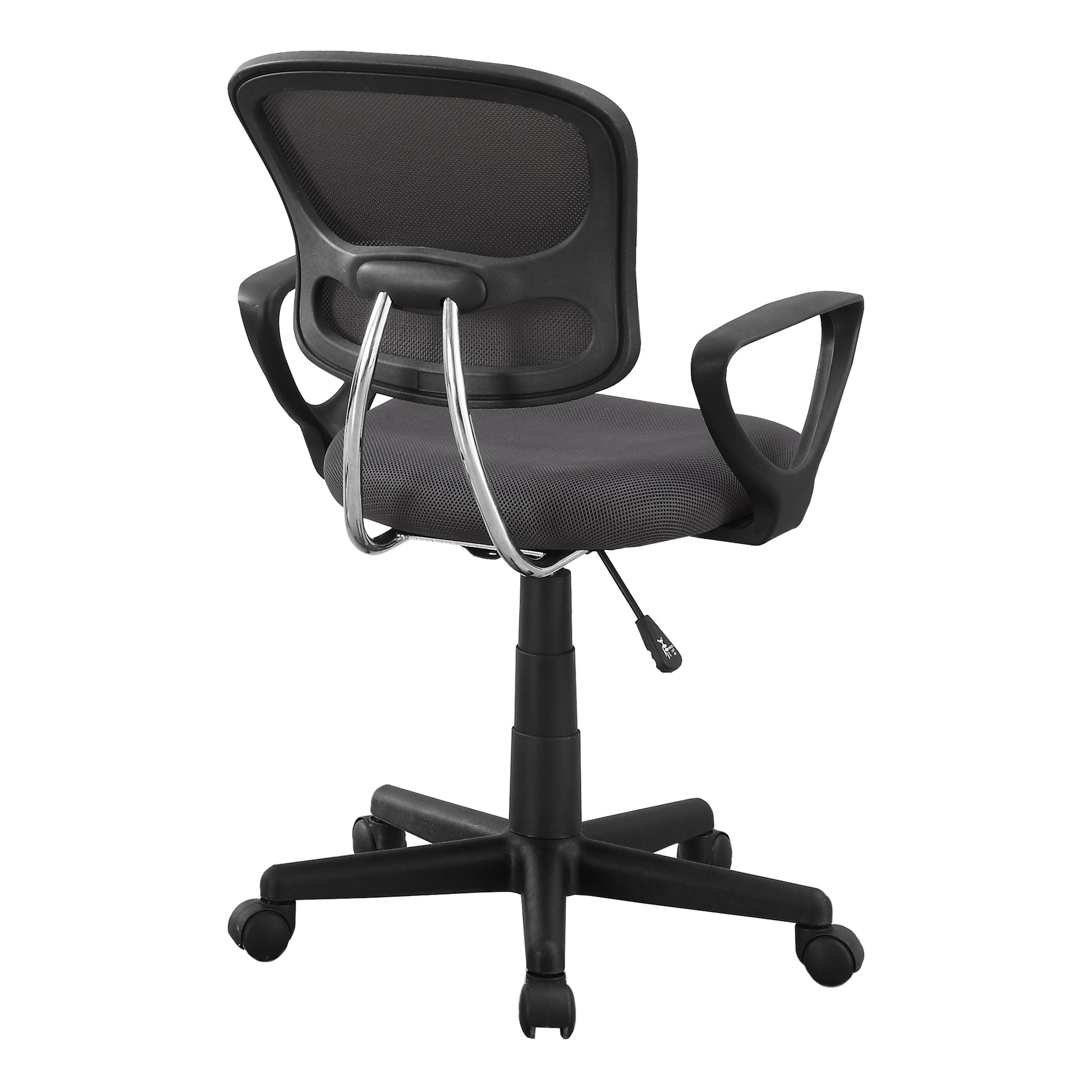 Black mesh office chair with padded seat and chrome accents