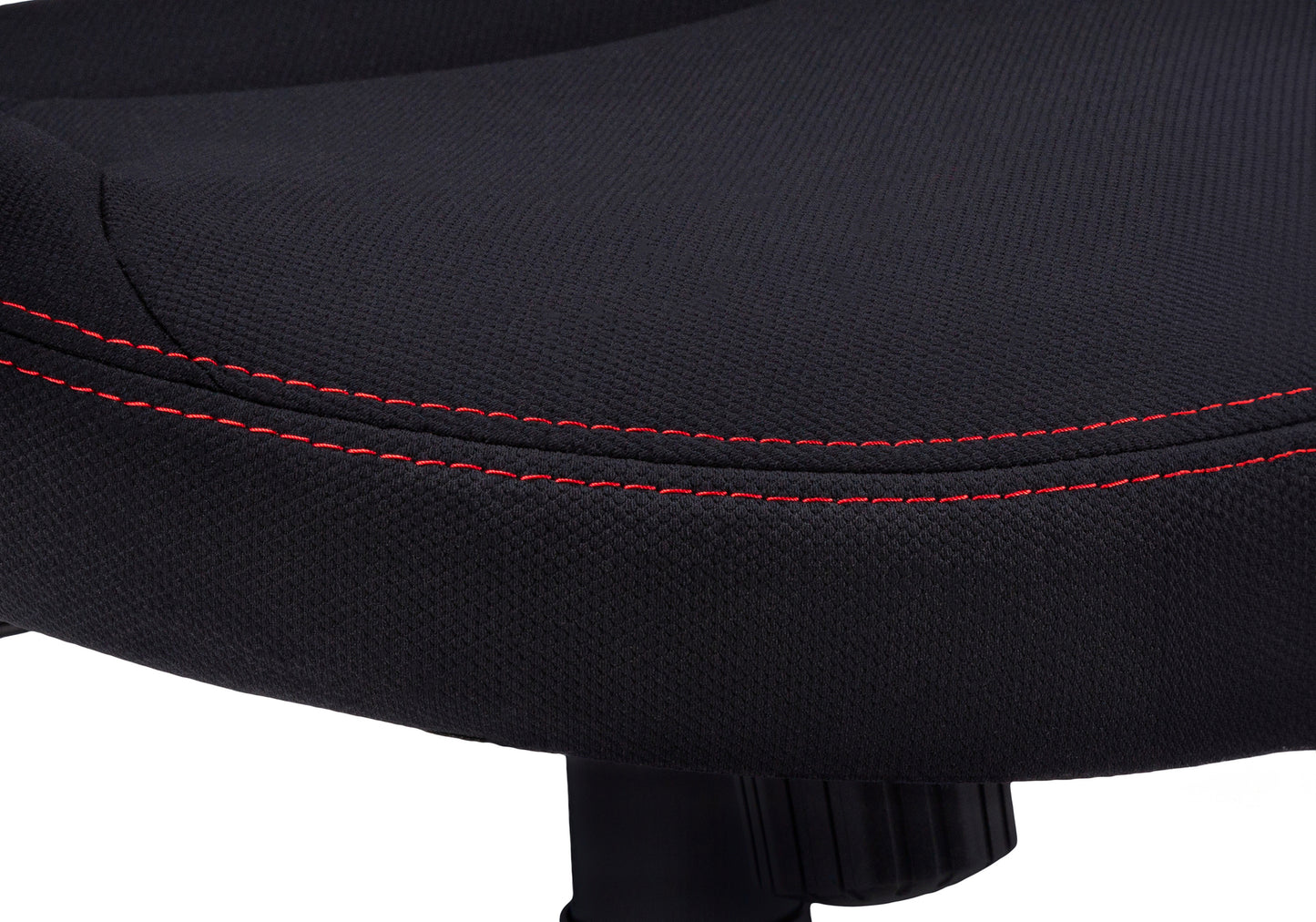 Black textured fabric seat cushion with contrasting red stitching on gaming chair