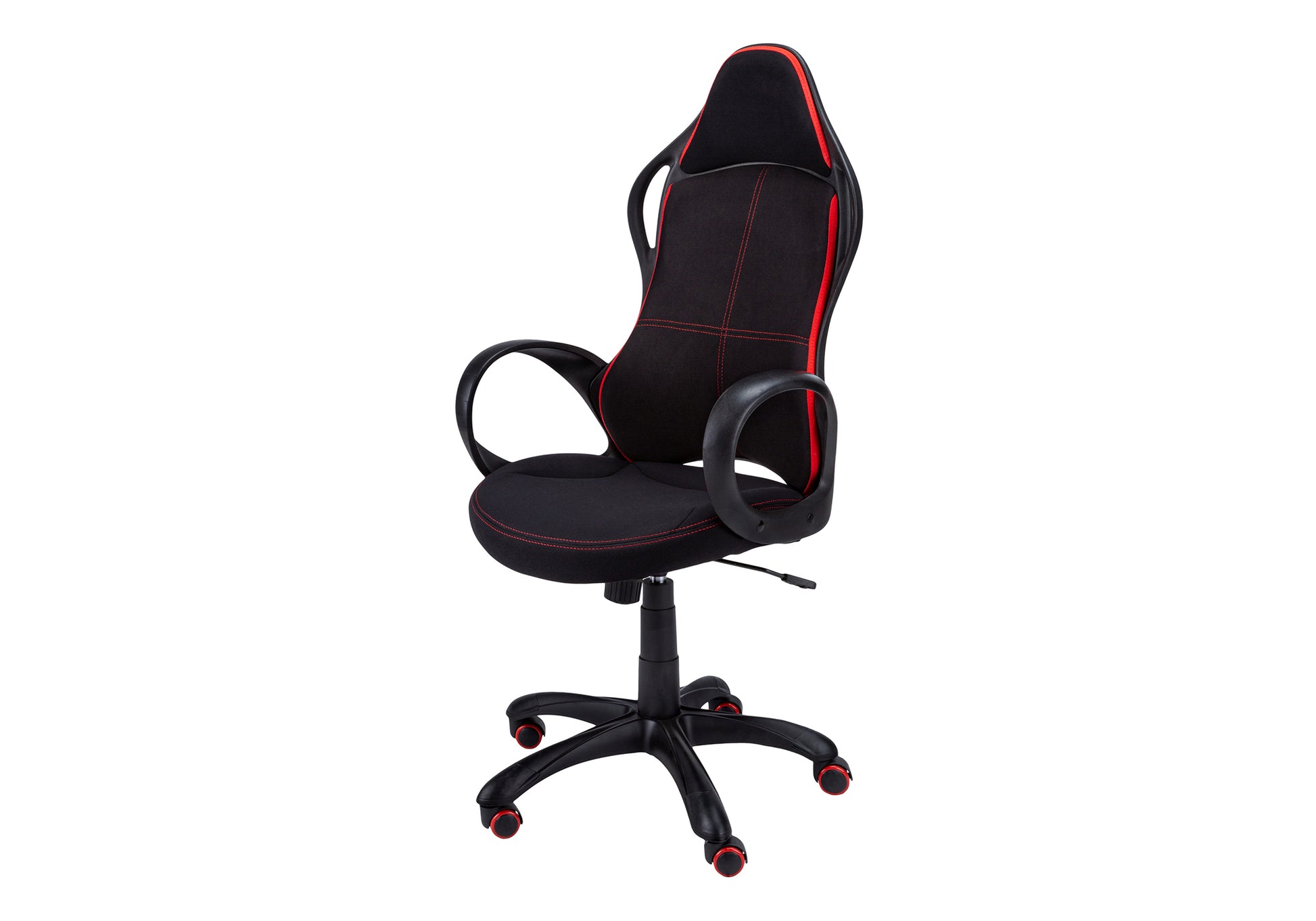 Black and red ergonomic gaming chair with lumbar support and adjustable height