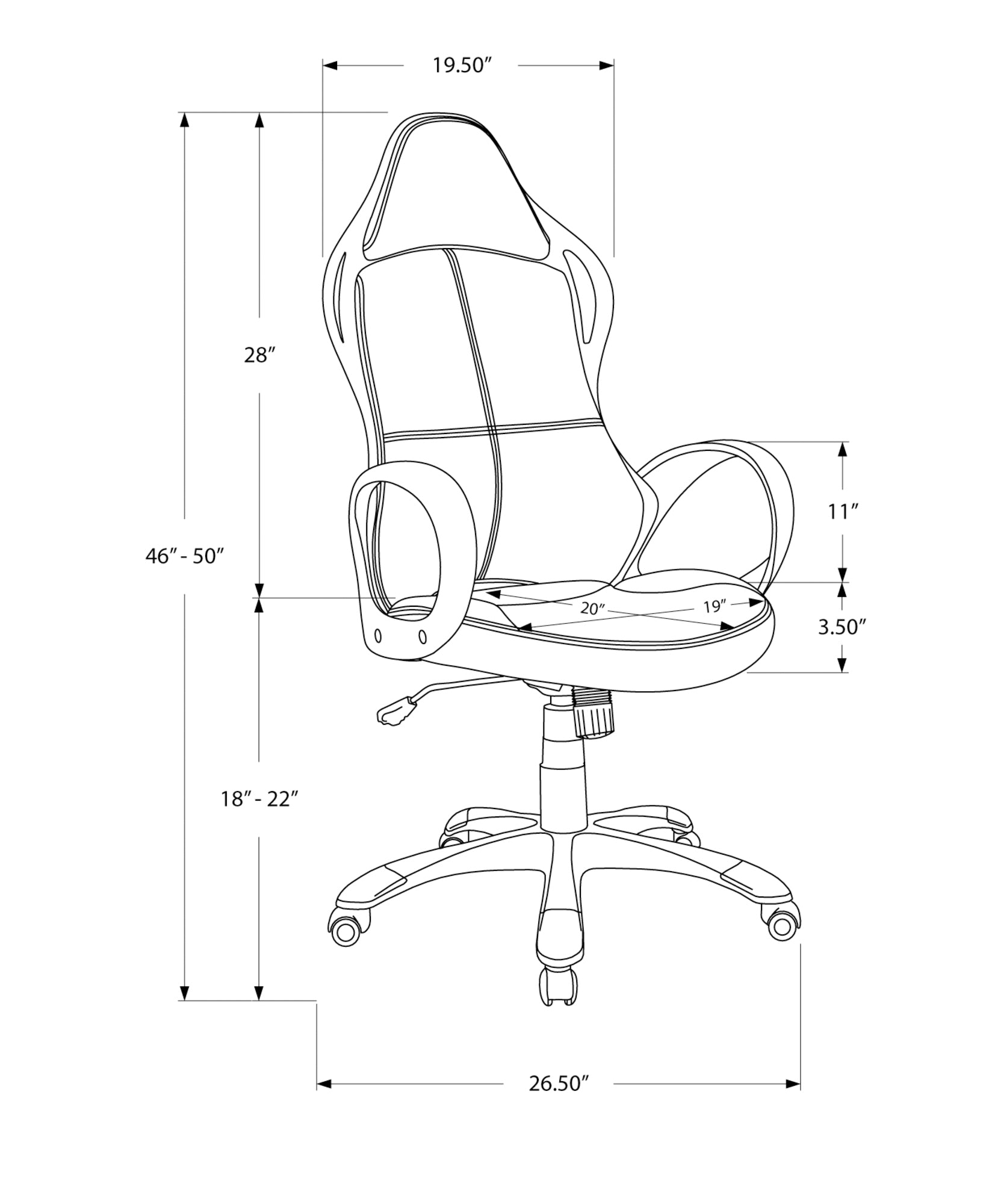 Technical drawing of an ergonomic office chair with dimensions seat height  overall height  width