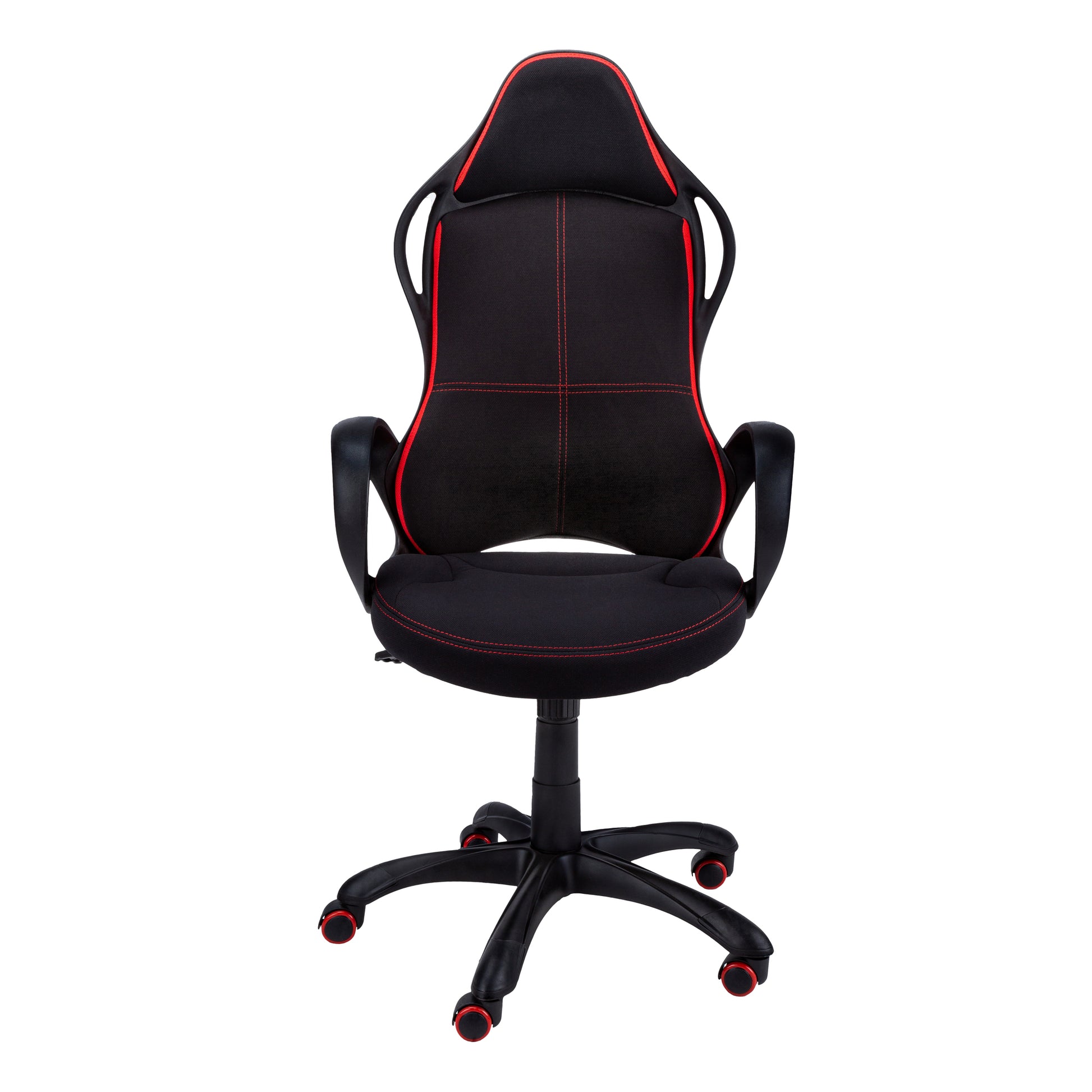 Black fabric gaming chair with red stitching and accents ergonomic design