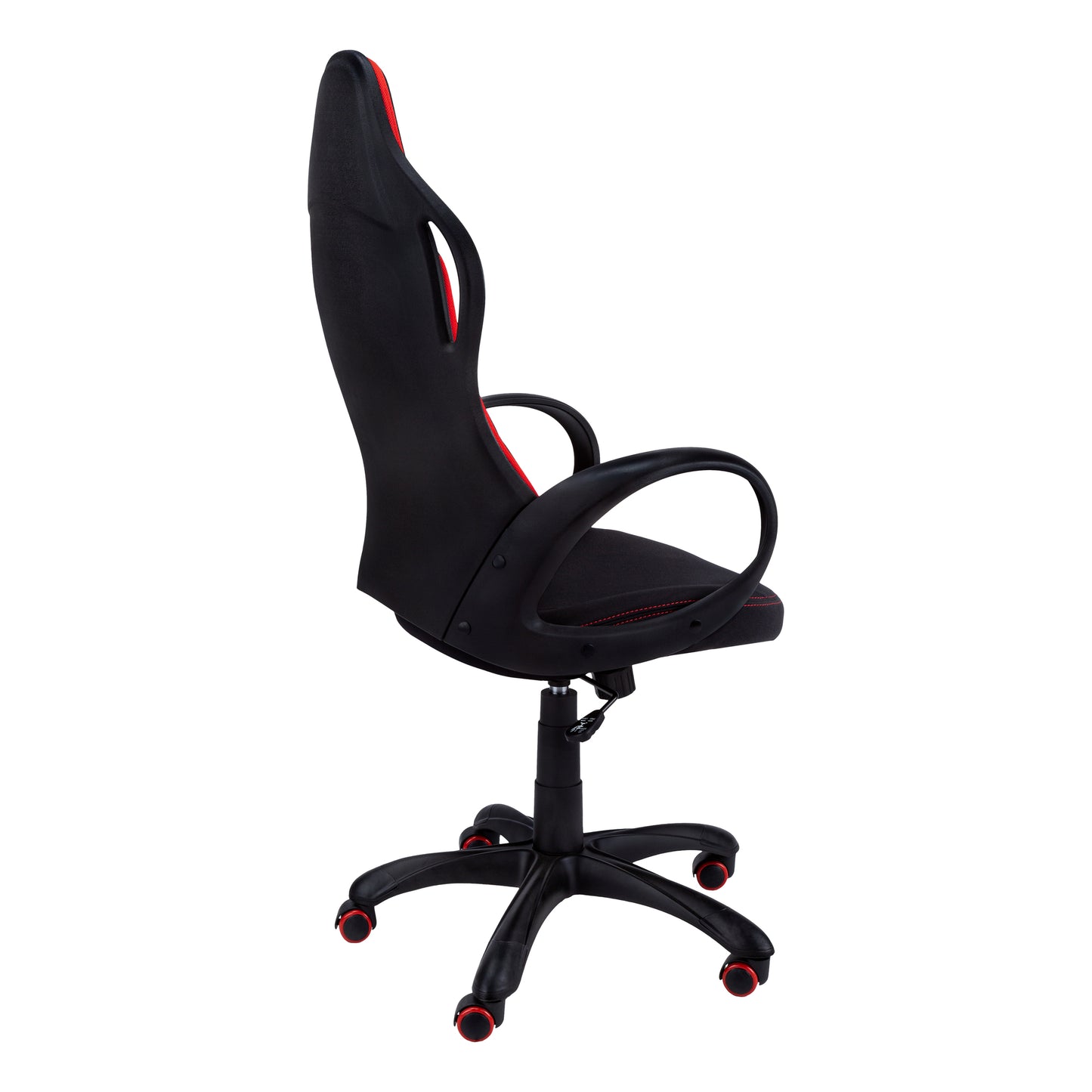 Black gaming chair with red accents and black armrests featuring a wheeled base
