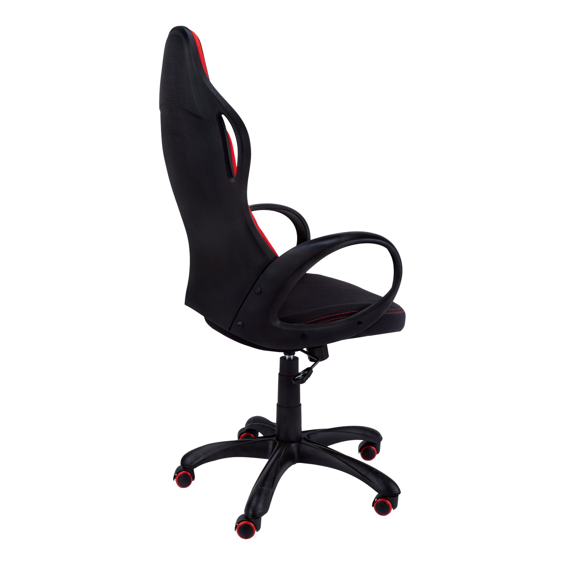 Black gaming chair with red accents and black armrests featuring a wheeled base