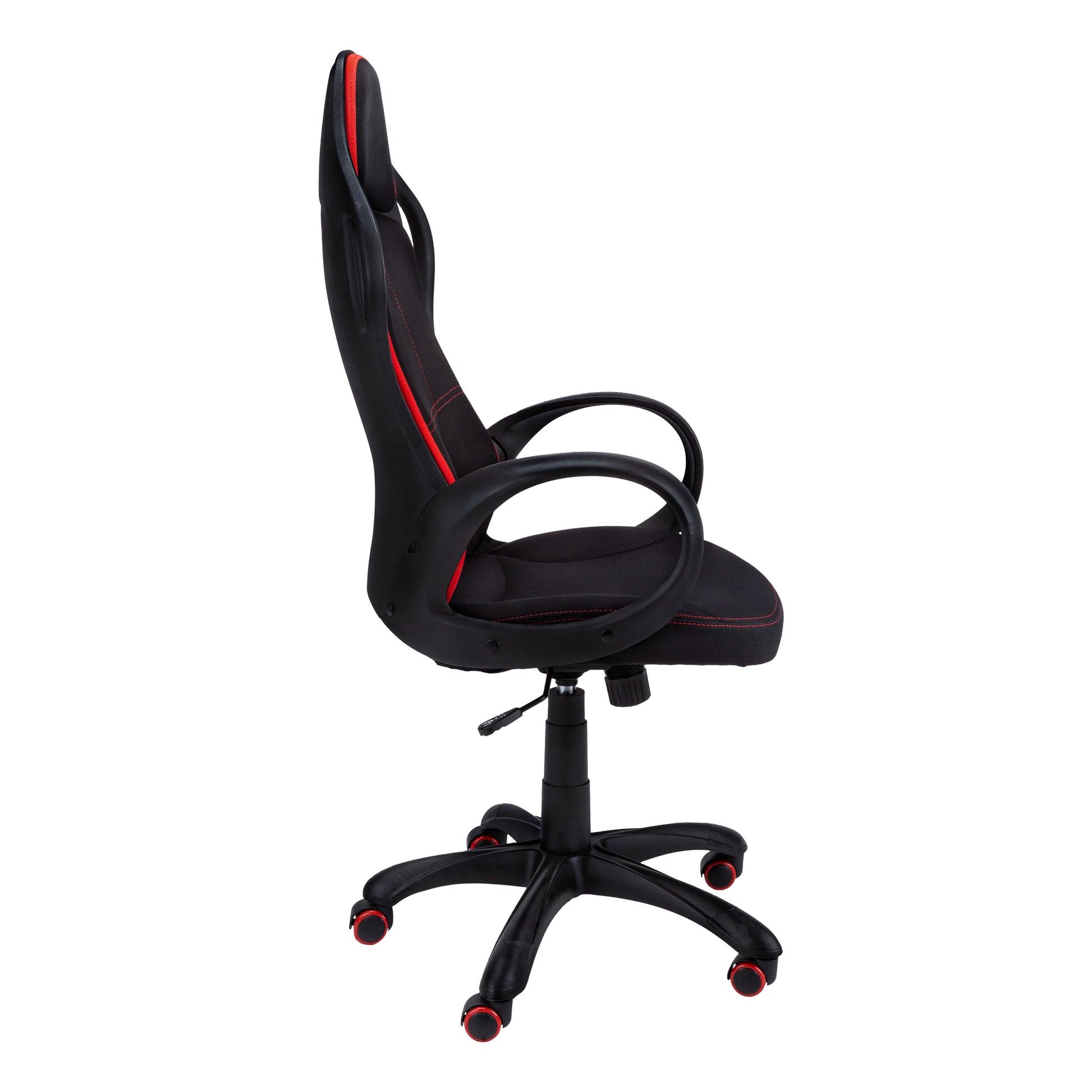 Black gaming chair with red stitching and accents featuring ergonomic design and adjustable height
