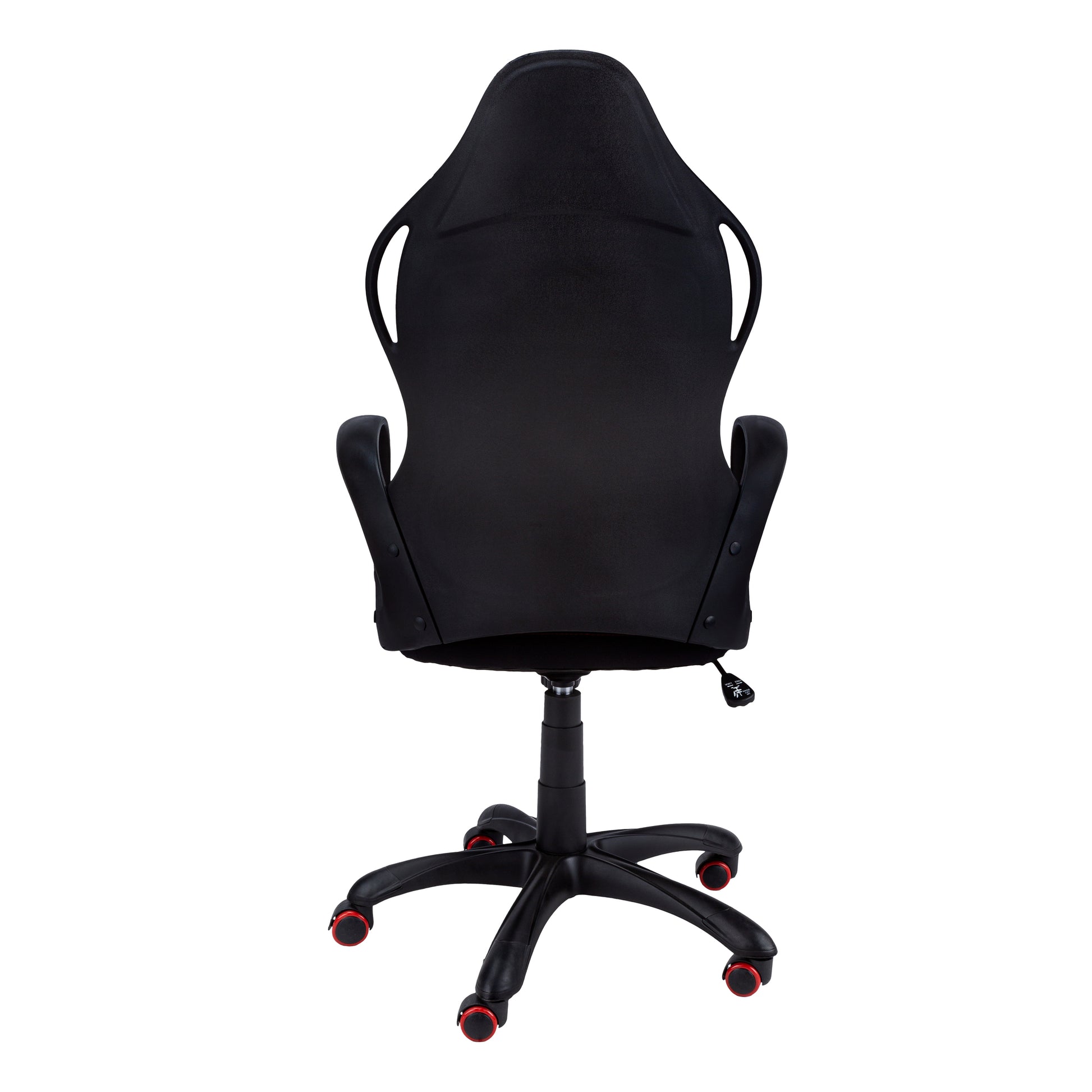Black ergonomic gaming chair back view with red wheel accents