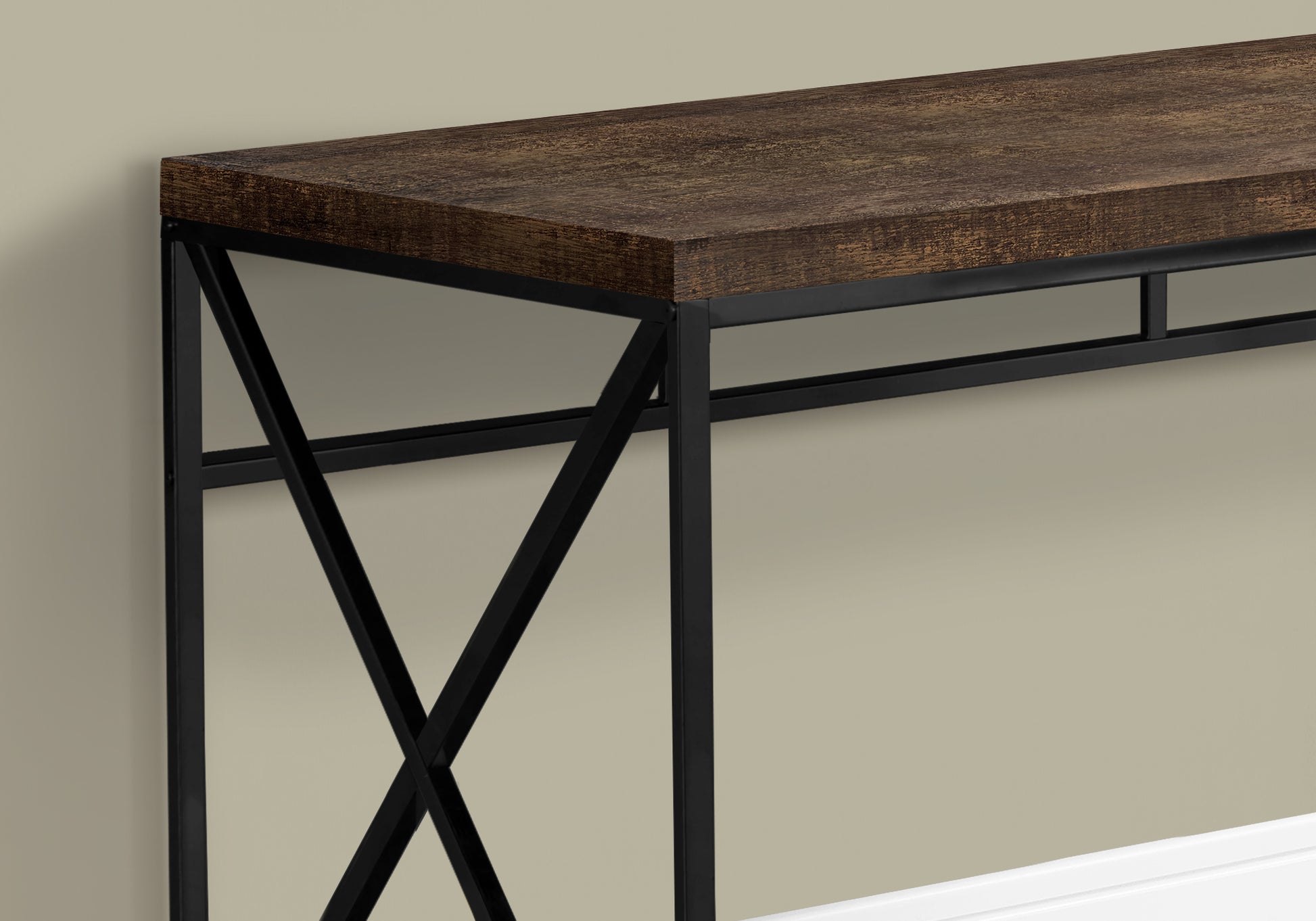 Rustic wood grain console table with black metal Xframe legs and a narrow design