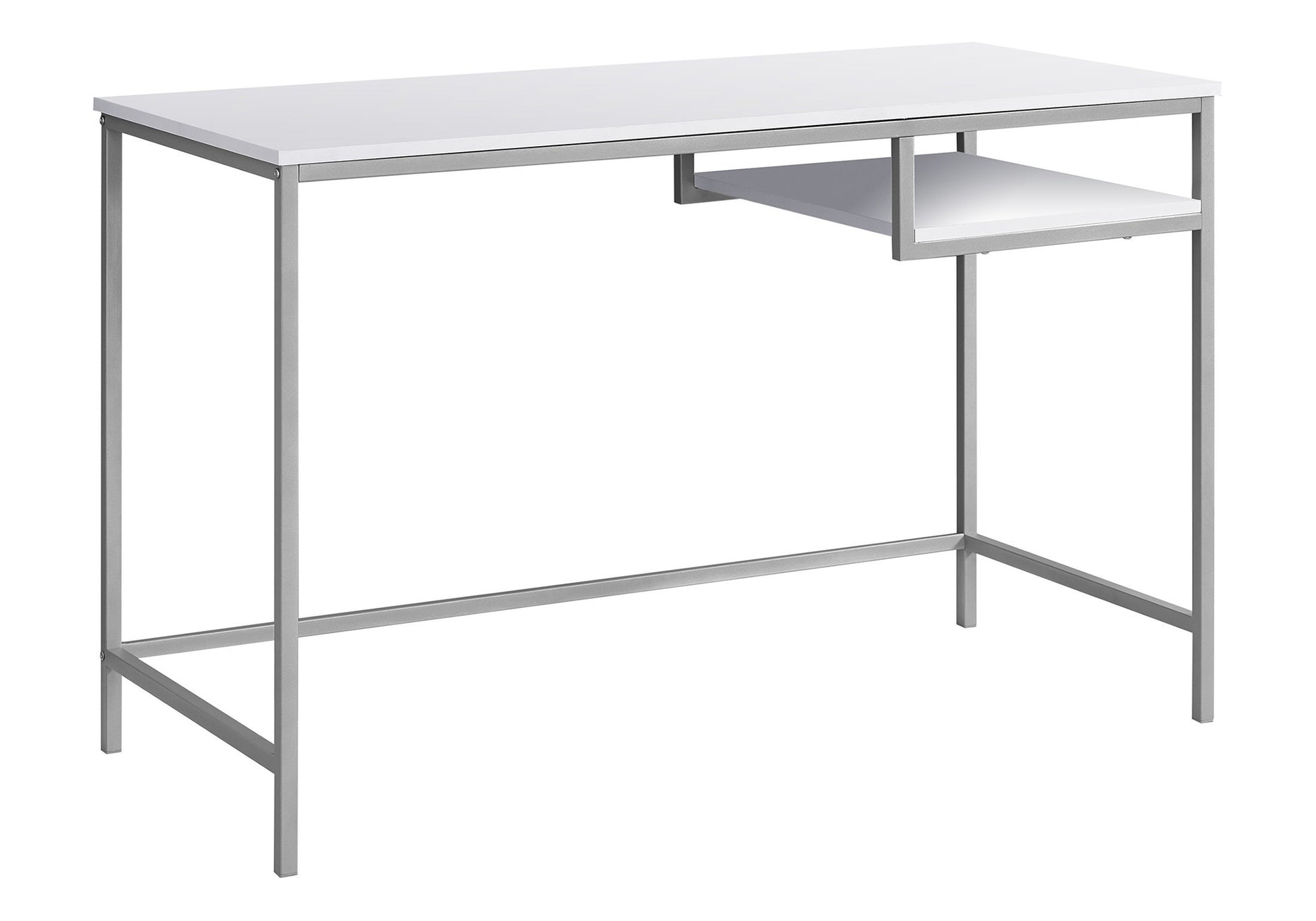 Minimalist white desk with silver metal frame and integrated shelf