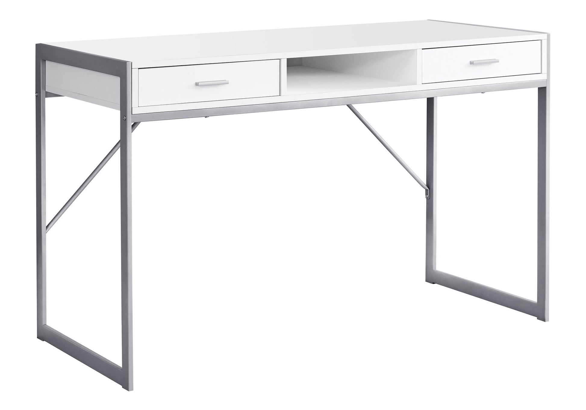 Modern white desk with silver metal frame and two drawers