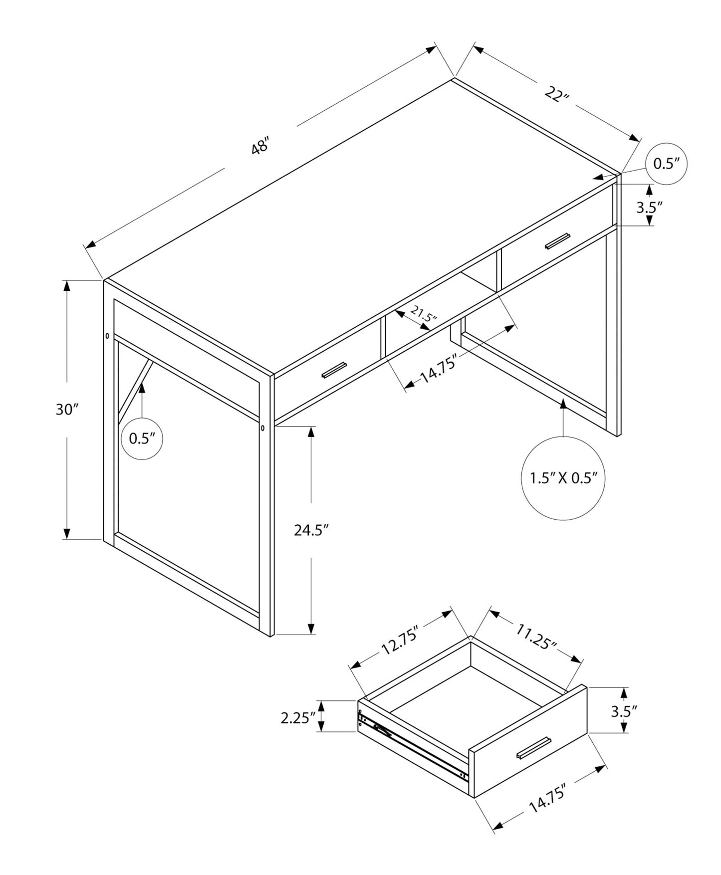 Technical drawing of a minimalist writing desk with dimensions