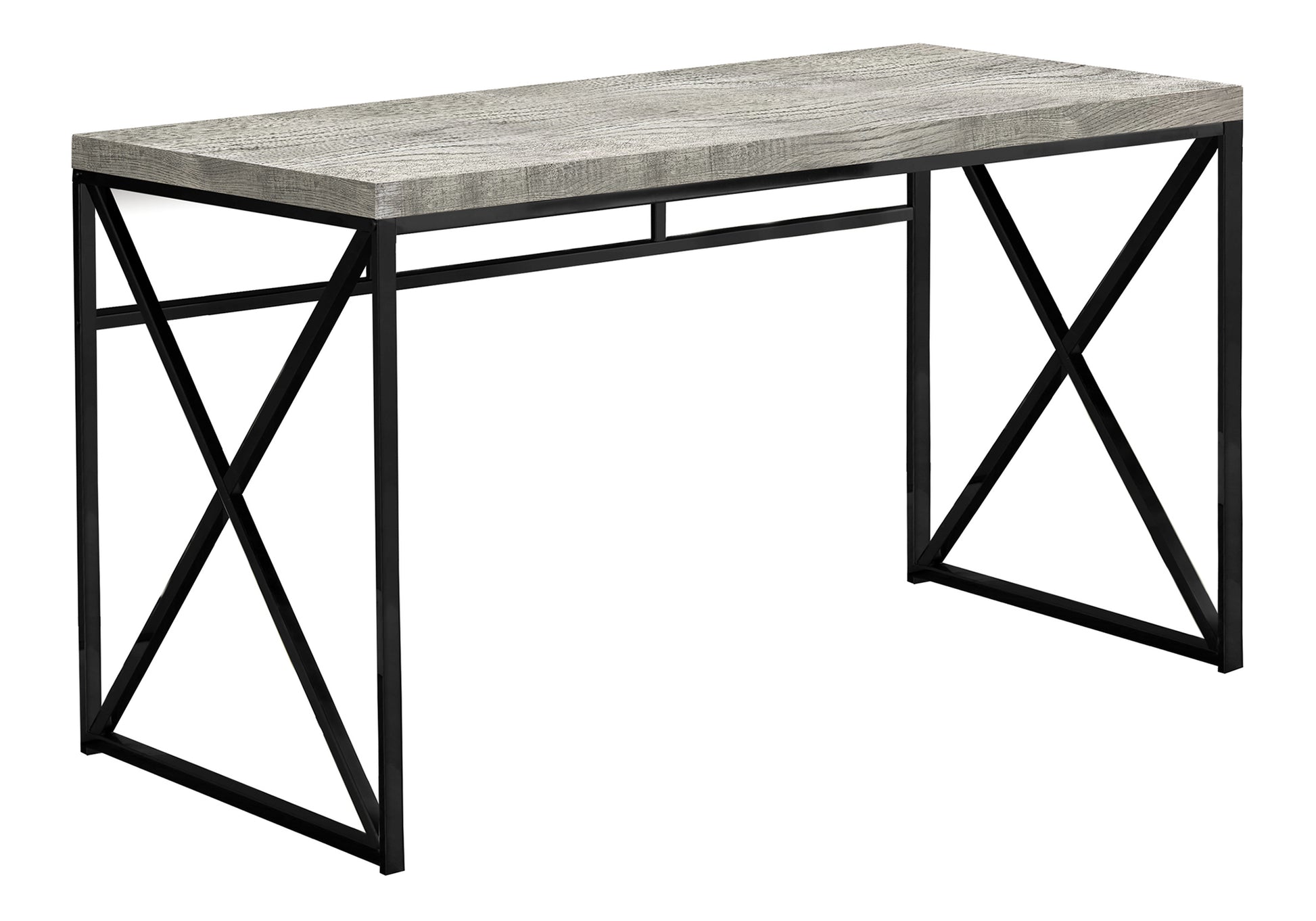 Grey wood grain console table with black metal crisscross legs