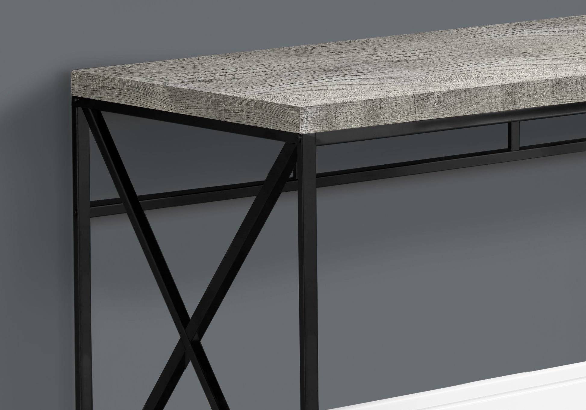 Rustic grey wood top console table with black metal Xframe legs