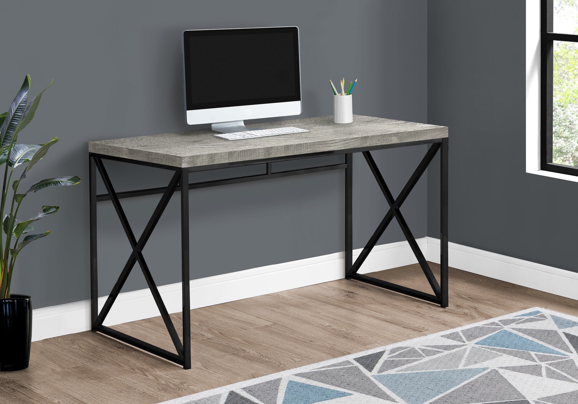 Modern grey wood computer desk with black metal Xframe legs for home office