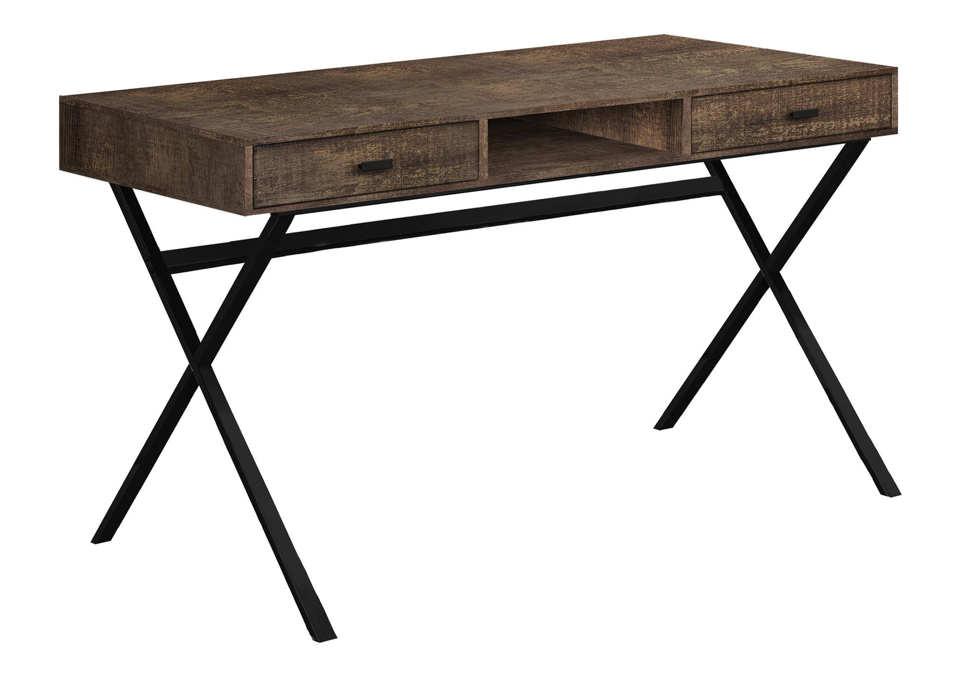 Rustic brown wood desk with black Xframe legs featuring two drawers and an open shelf