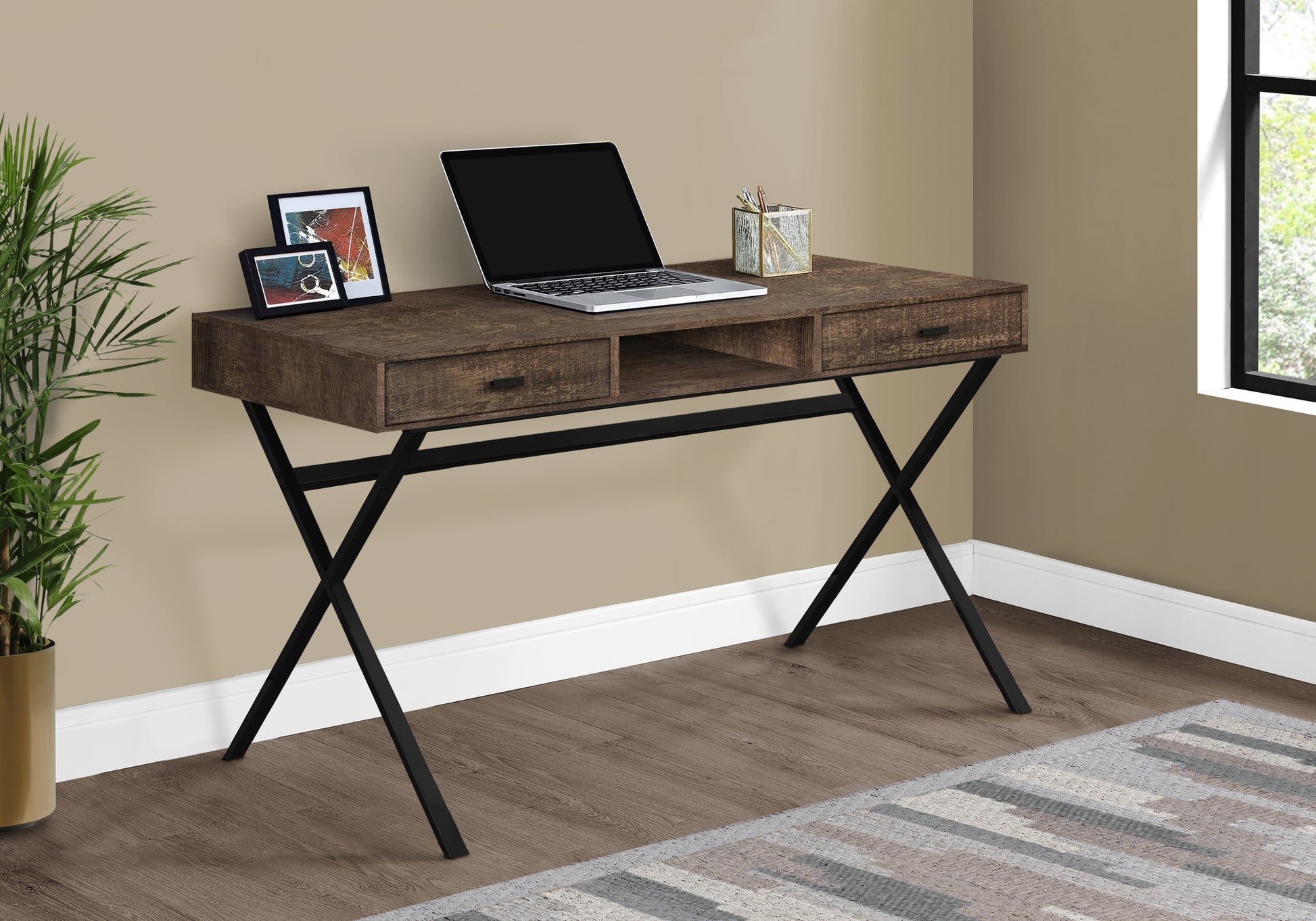 Rustic brown wood desk with black Xframe legs two drawers and open shelving