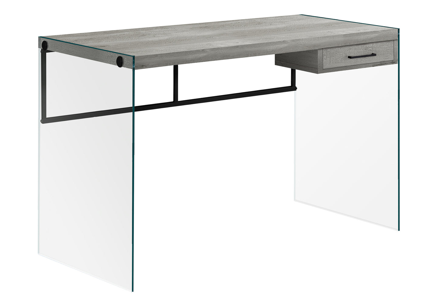 Modern grey wood top desk with clear glass legs and single drawer
