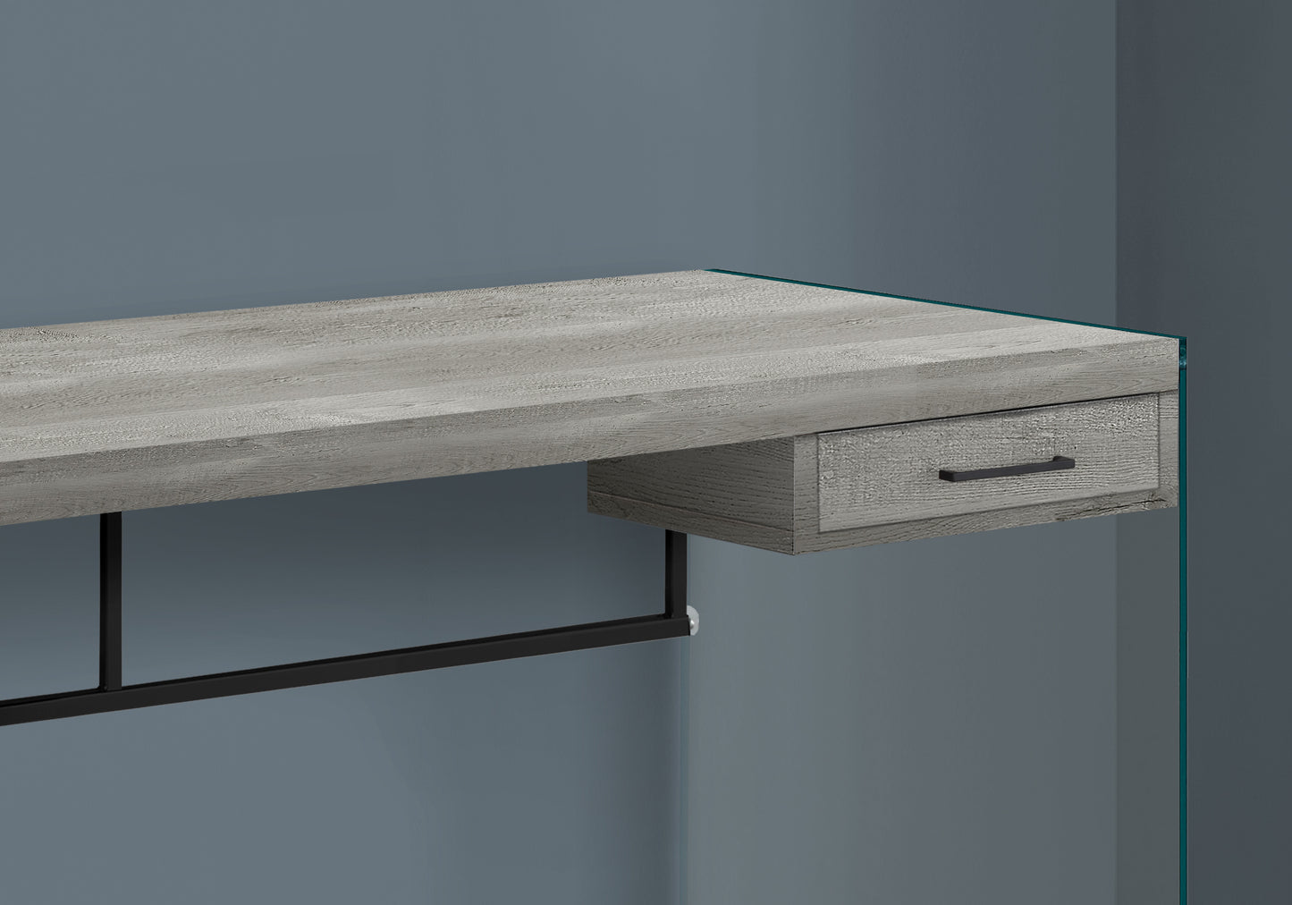 Gray wood grain floating desk with black hardware drawer for home office