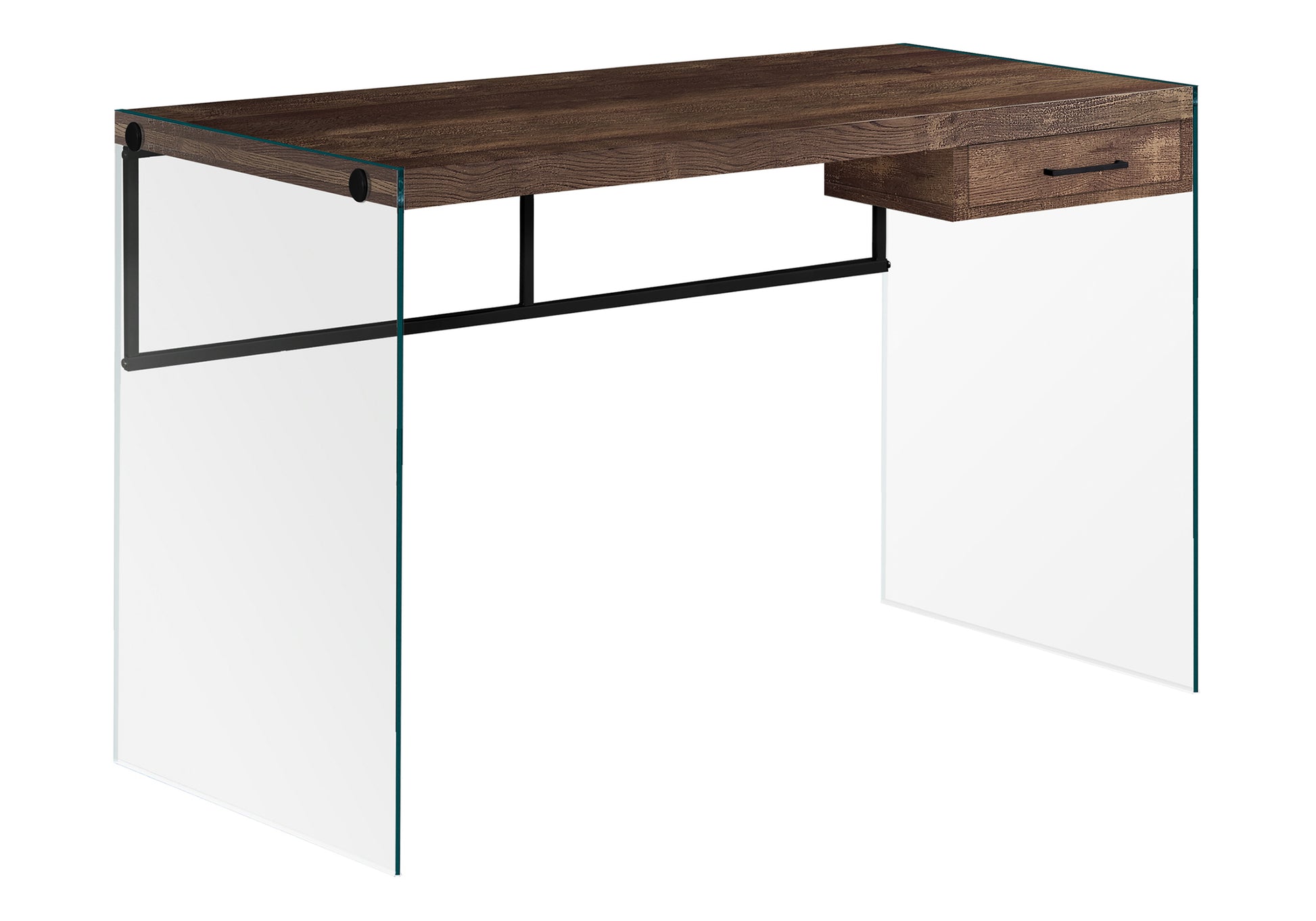 Dark wood effect desk with glass legs and single drawer modern minimalist design