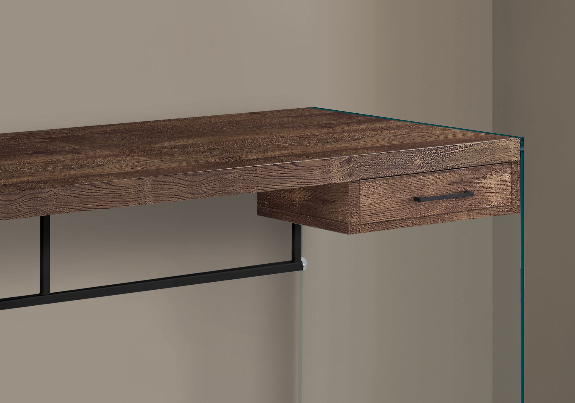 Rustic wood grain wall mounted desk with a single drawer and black metal frame