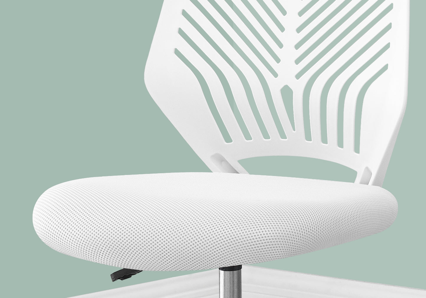 White mesh office chair seat and slatted back with ergonomic design