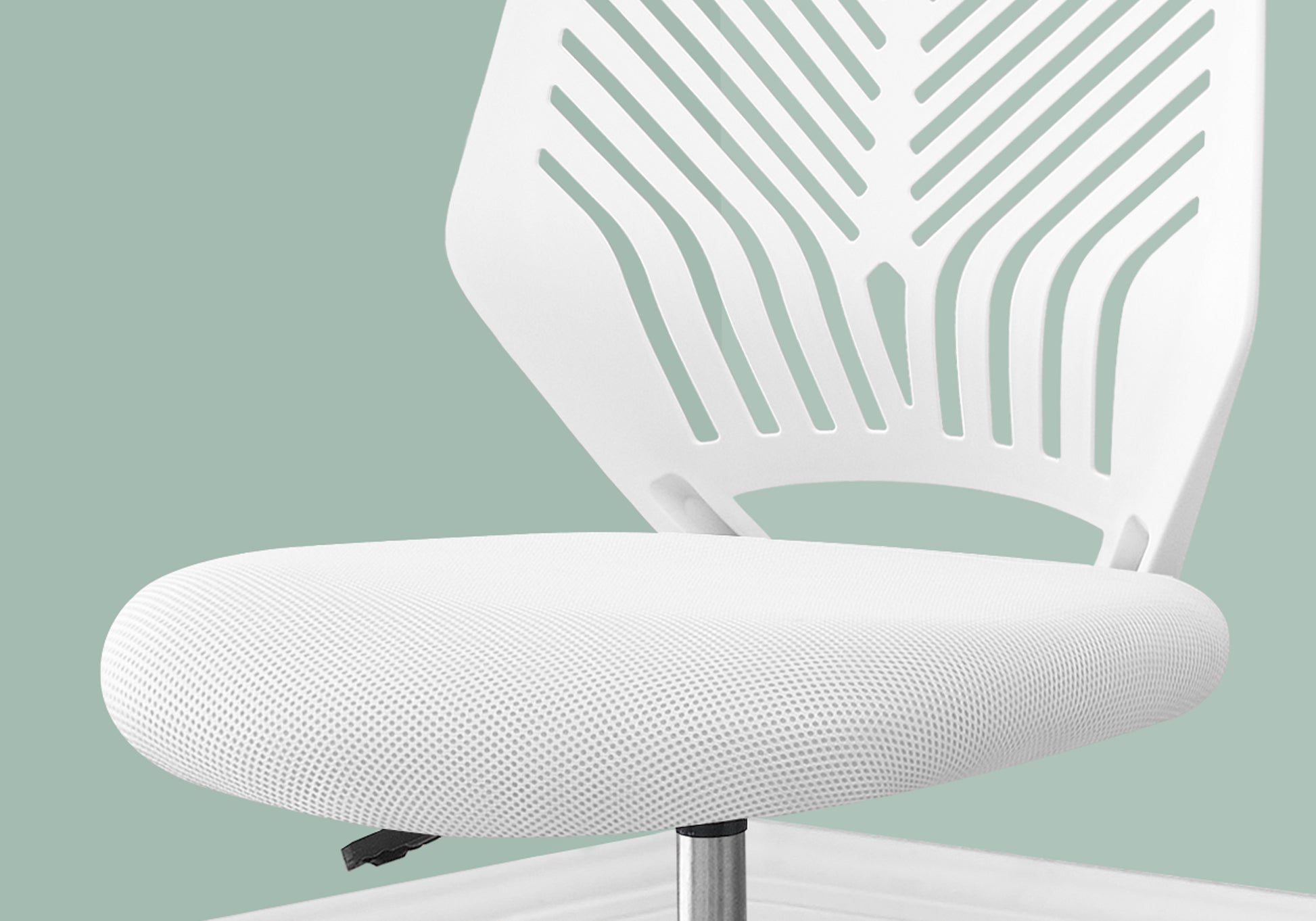 White mesh office chair seat and slatted back with ergonomic design