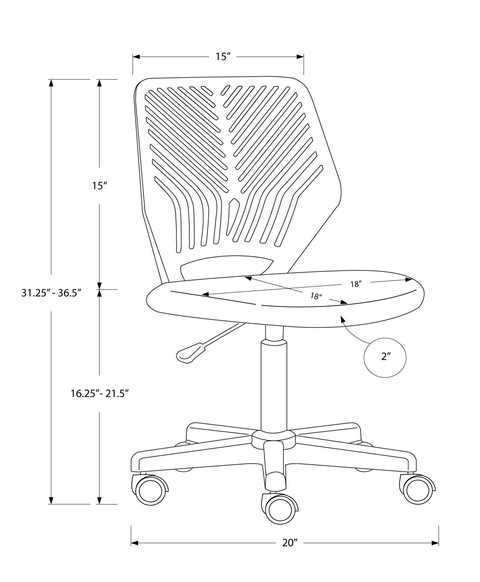 Outline of a black and white ergonomic task chair with dimensions  inches wide  inches height