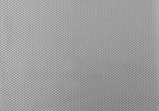 Closeup of light gray mesh fabric with small uniform circular perforations ideal for breathable upholstery