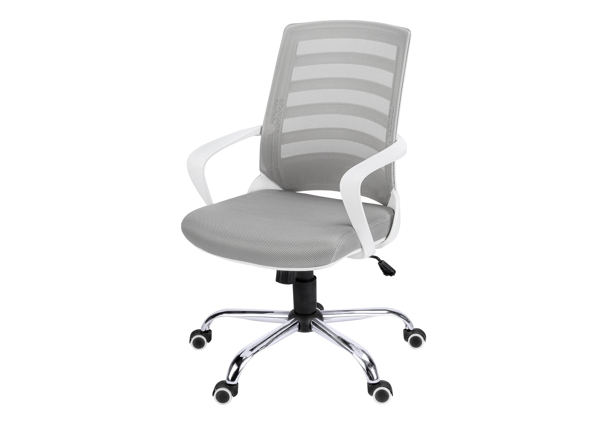 Ergonomic grey mesh office chair with white armrests and a chrome base