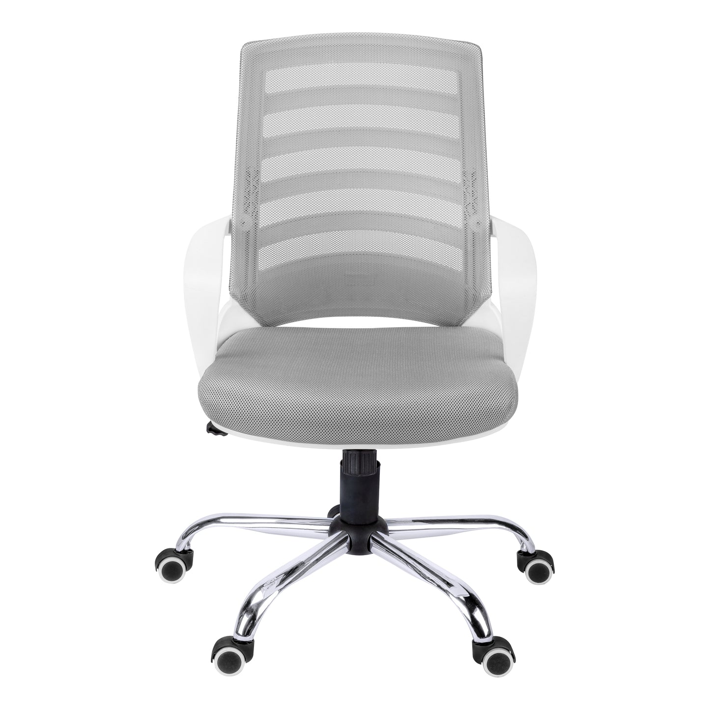 Gray mesh ergonomic office chair with white accents and chrome base