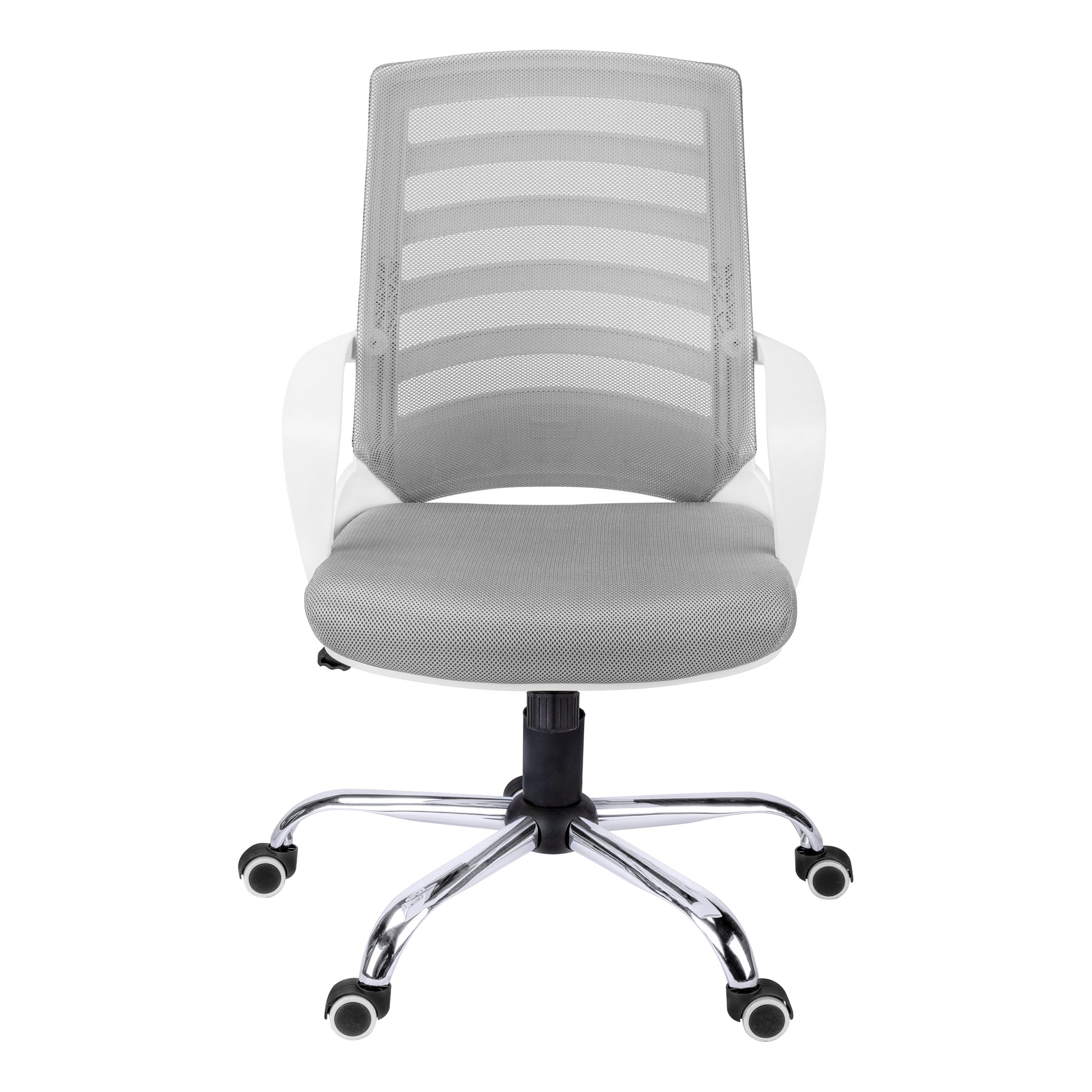 Gray mesh ergonomic office chair with white accents and chrome base