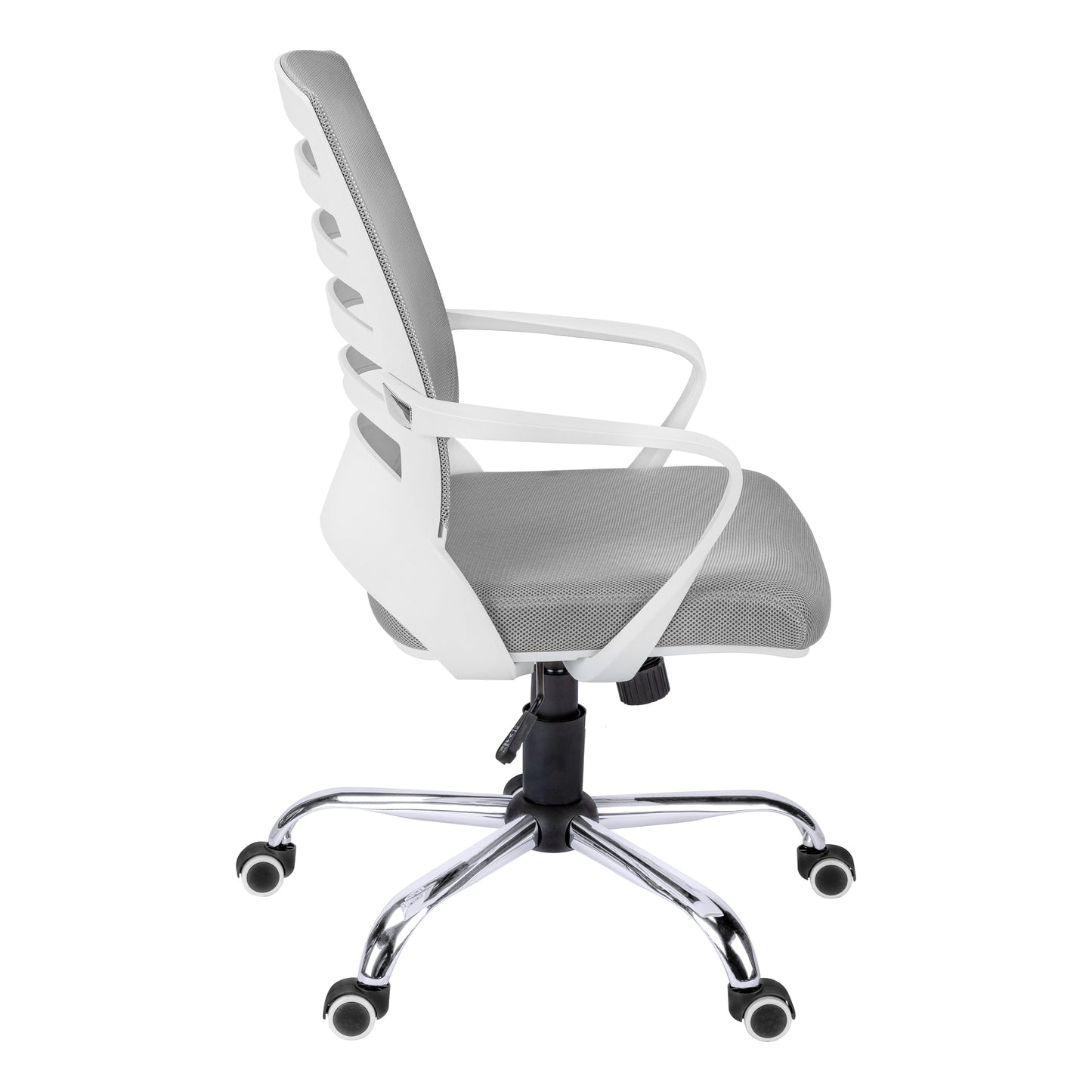 Side view of a gray mesh ergonomic office chair with white plastic arms and base