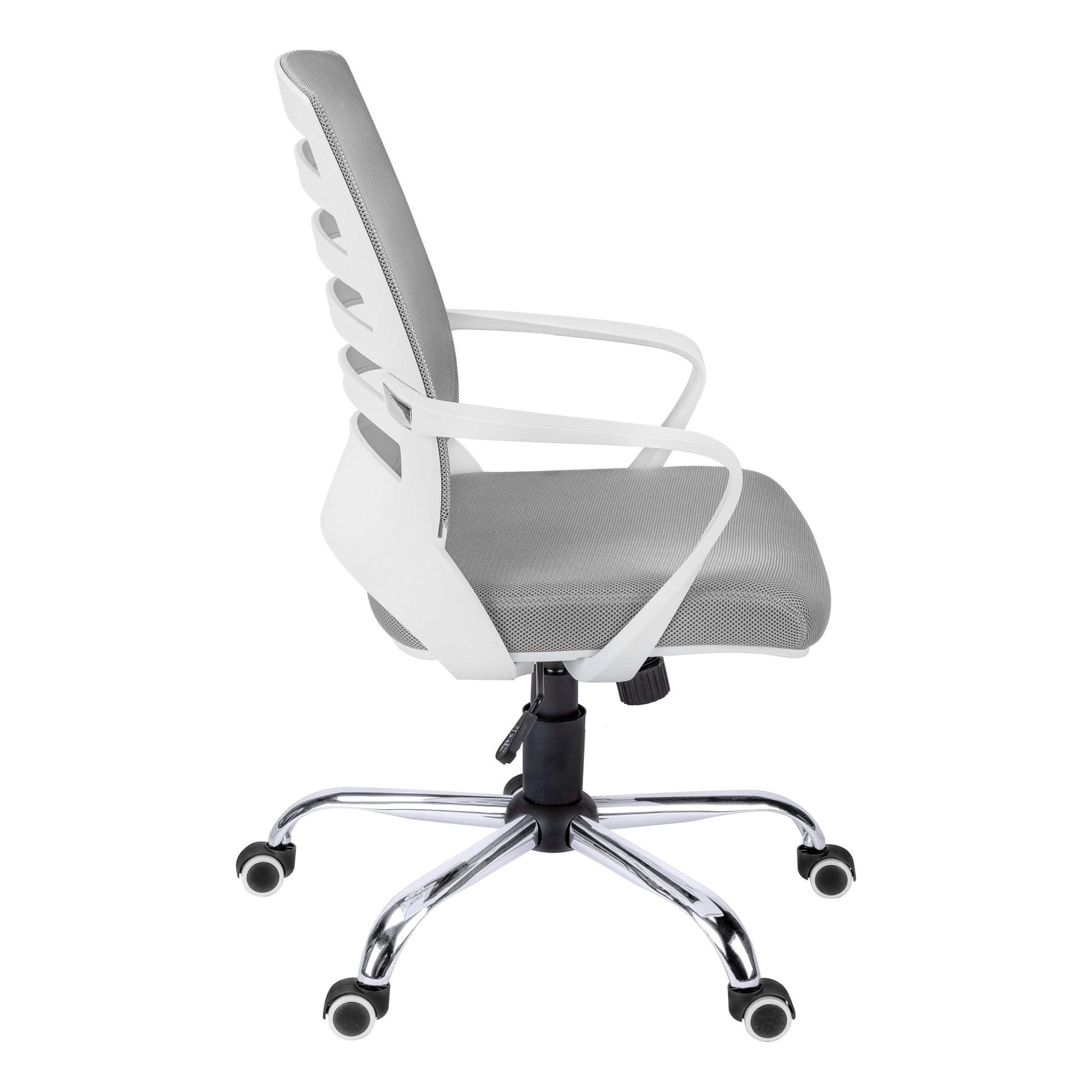 Side view of a gray mesh ergonomic office chair with white plastic arms and base