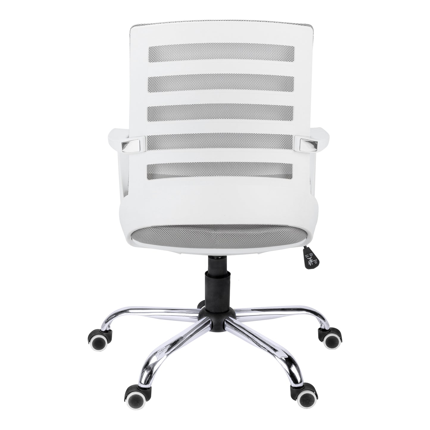 Ergonomic white mesh office chair with adjustable height and chrome star base on wheels