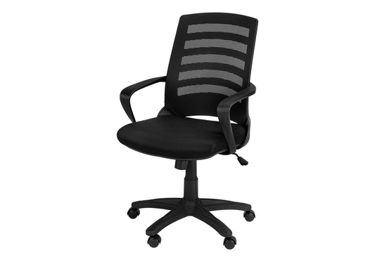 Black mesh back ergonomic office chair with padded seat and armrests on wheeled base
