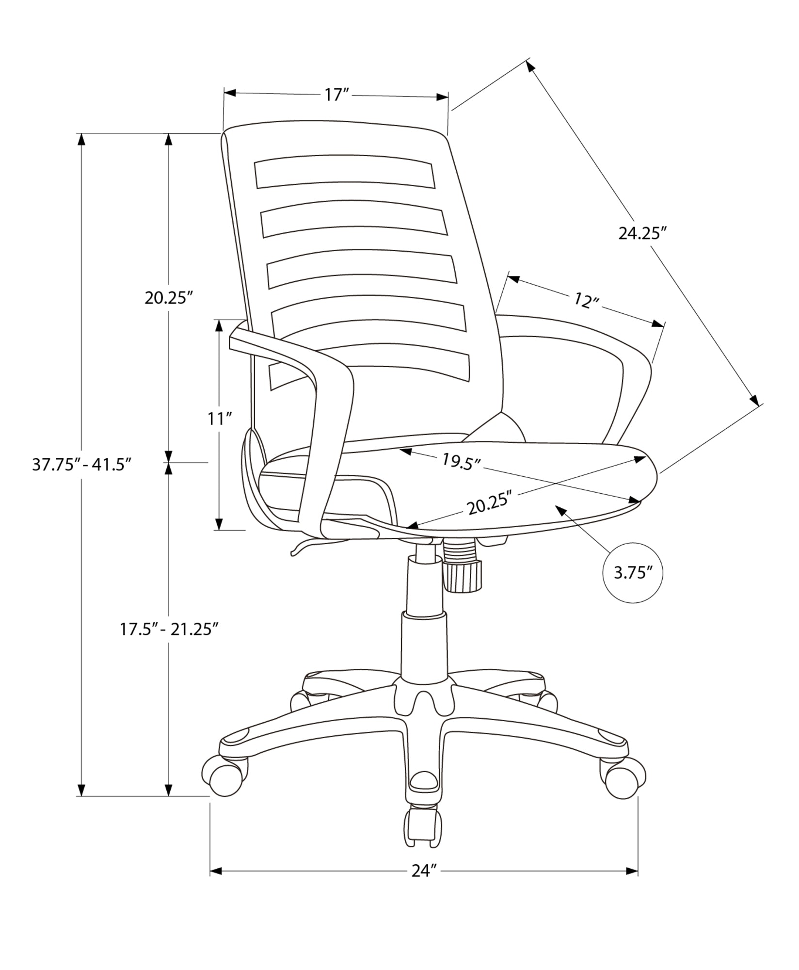 Diagram showing ergonomic mesh office chair with dimensions
