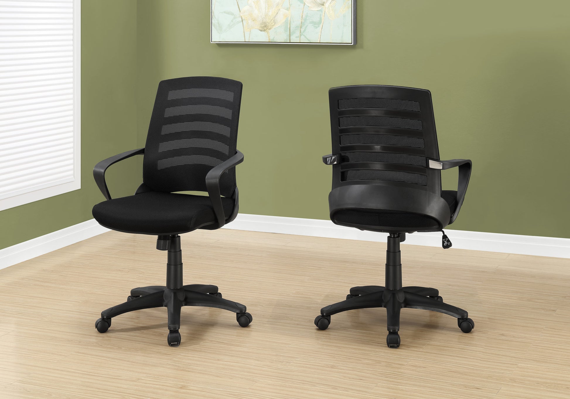 Ergonomic black mesh office chair with lumbar support and adjustable height ideal for home offices