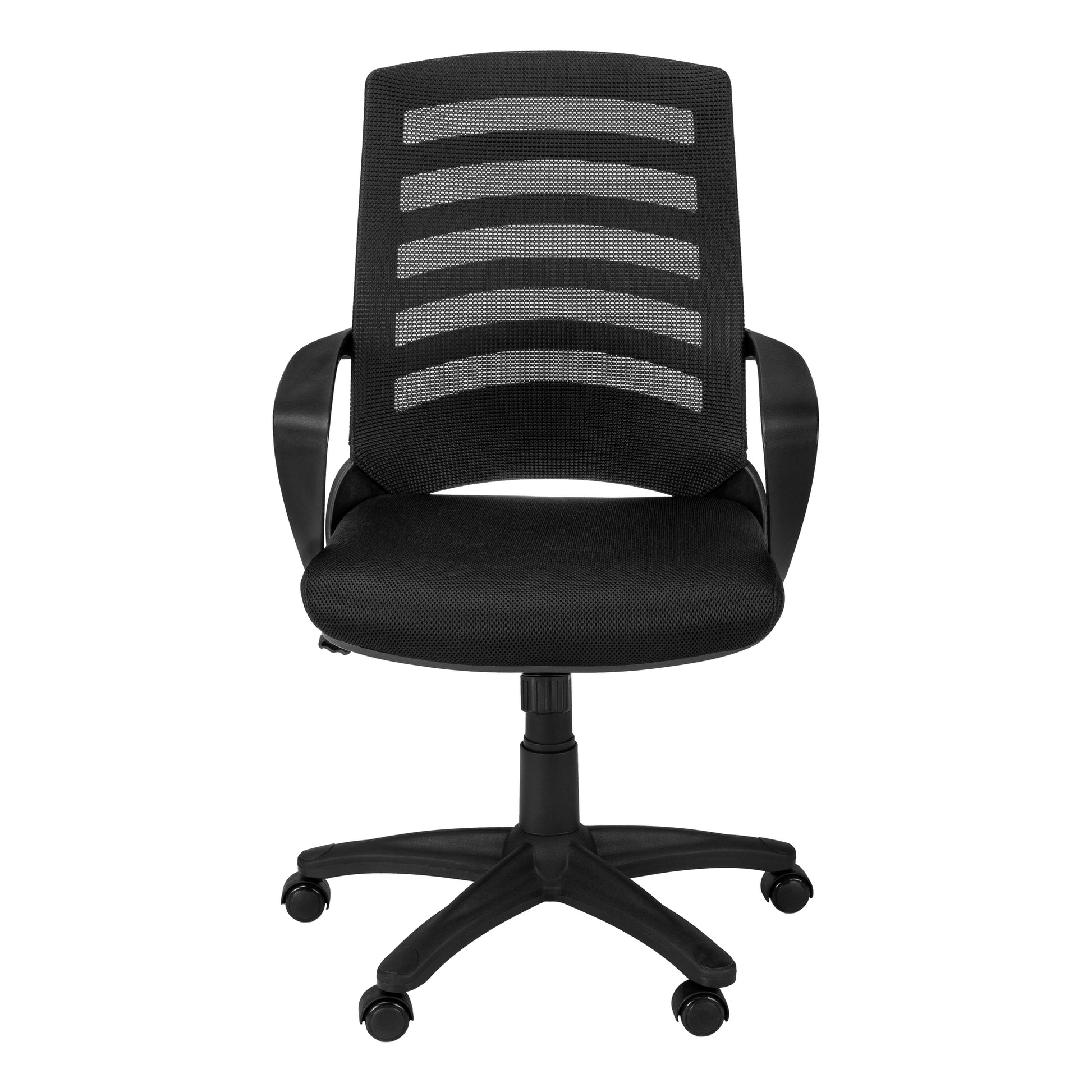Black mesh back office chair with padded seat and rolling base for ergonomic comfort