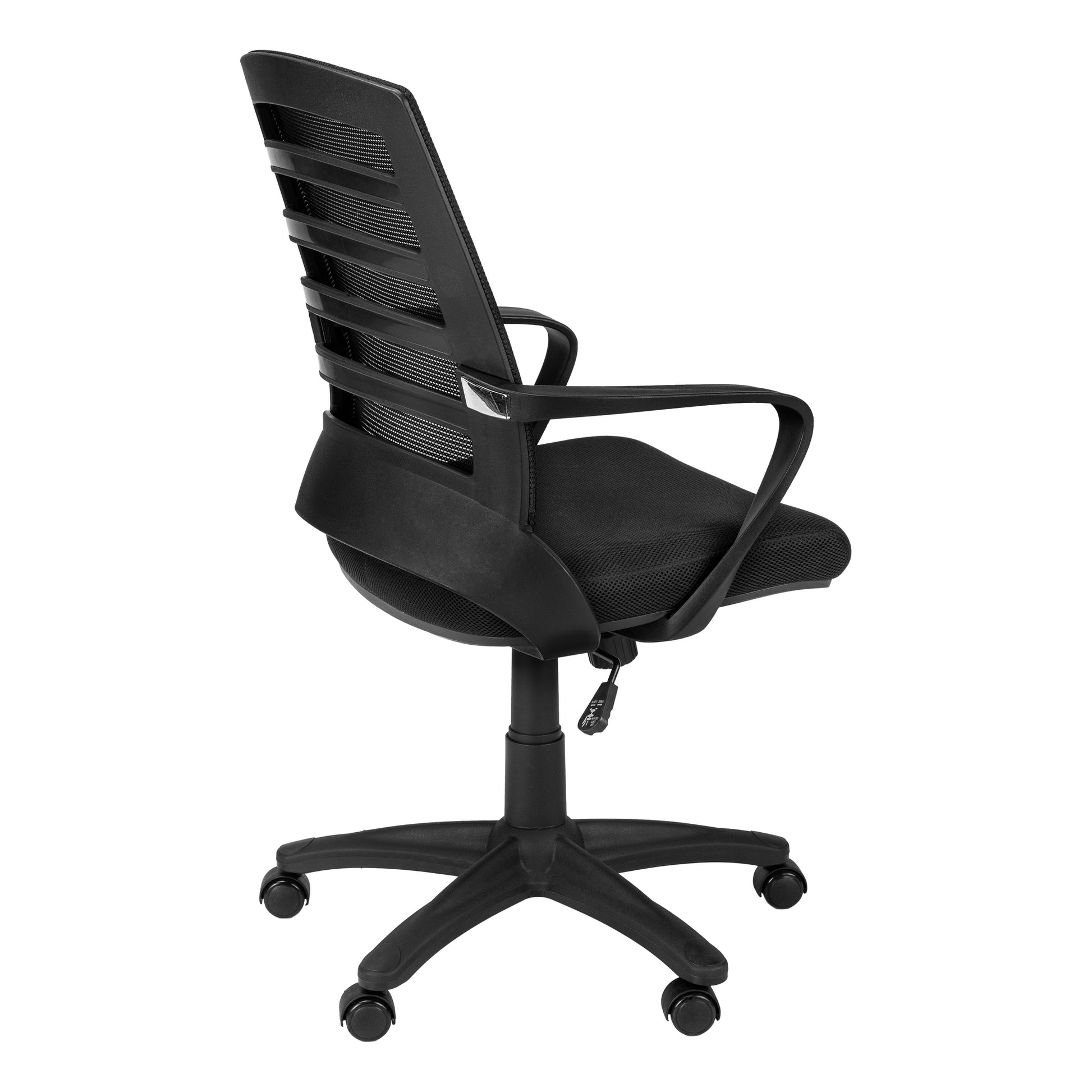 Black mesh office chair with lumbar support and adjustable armrests