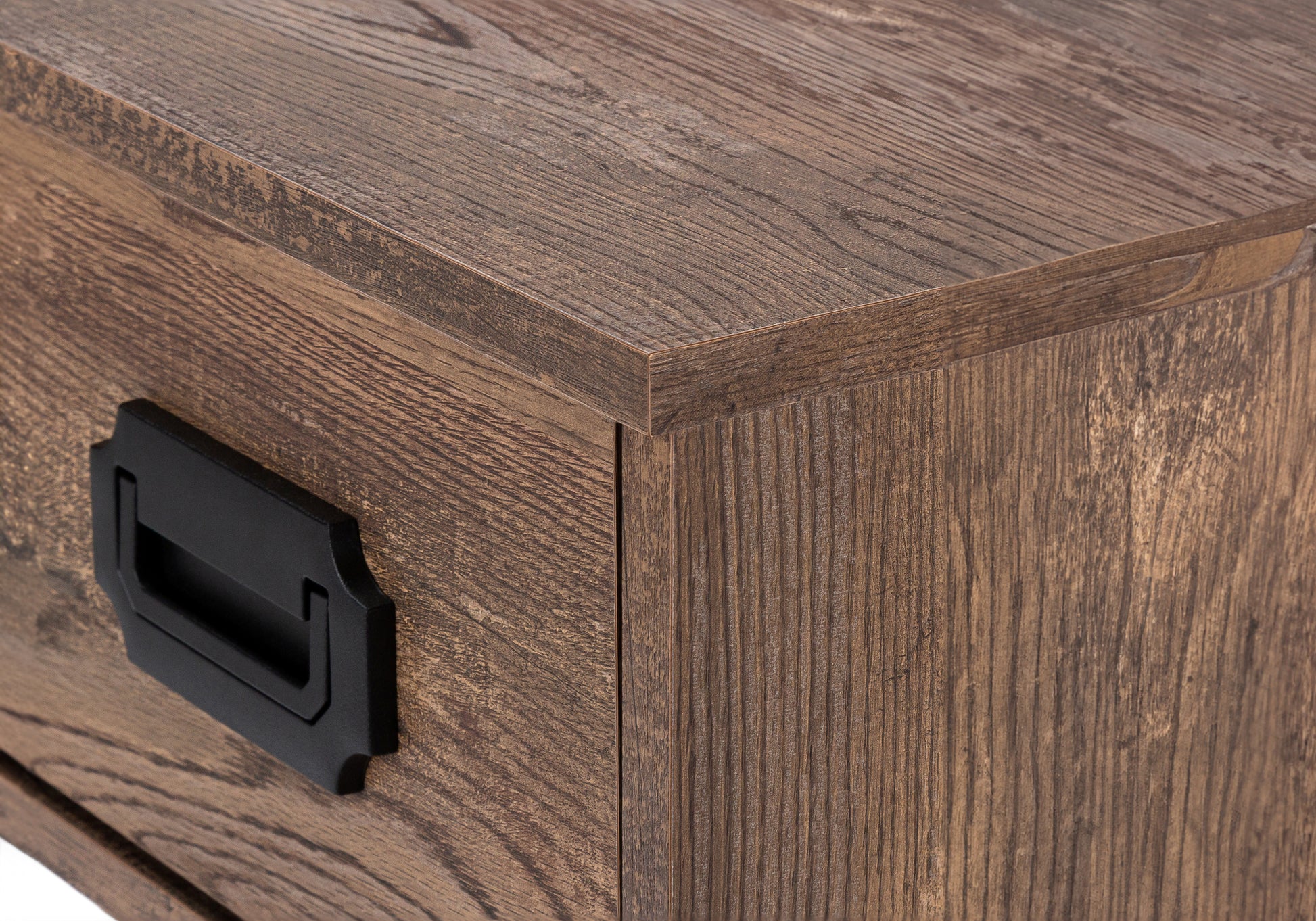Dark wood dresser with black metal handle detail rustic design