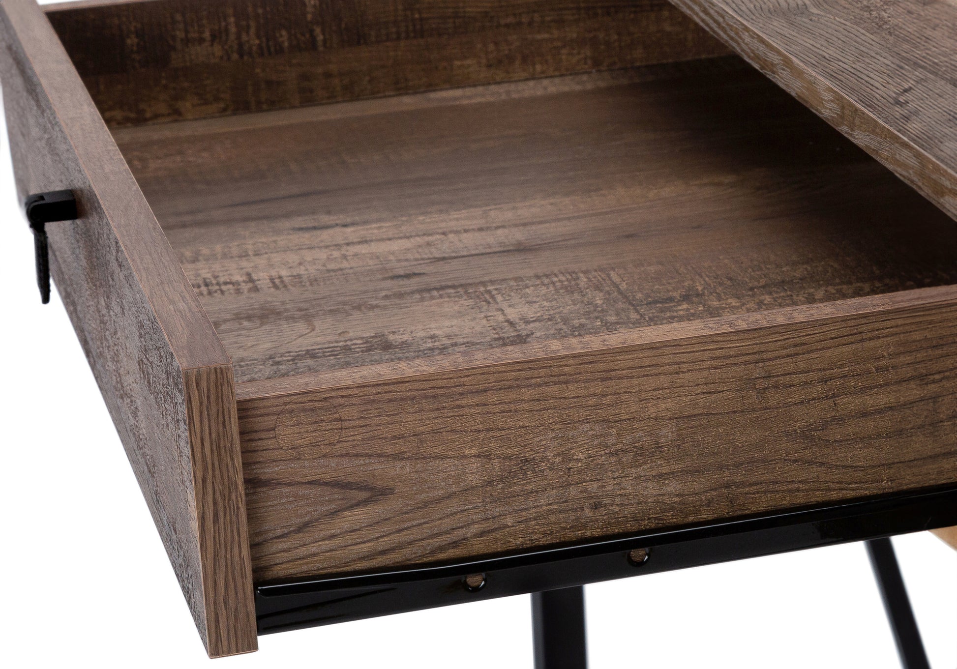 Rustic oak veneer desk drawer interior with black metal hardware