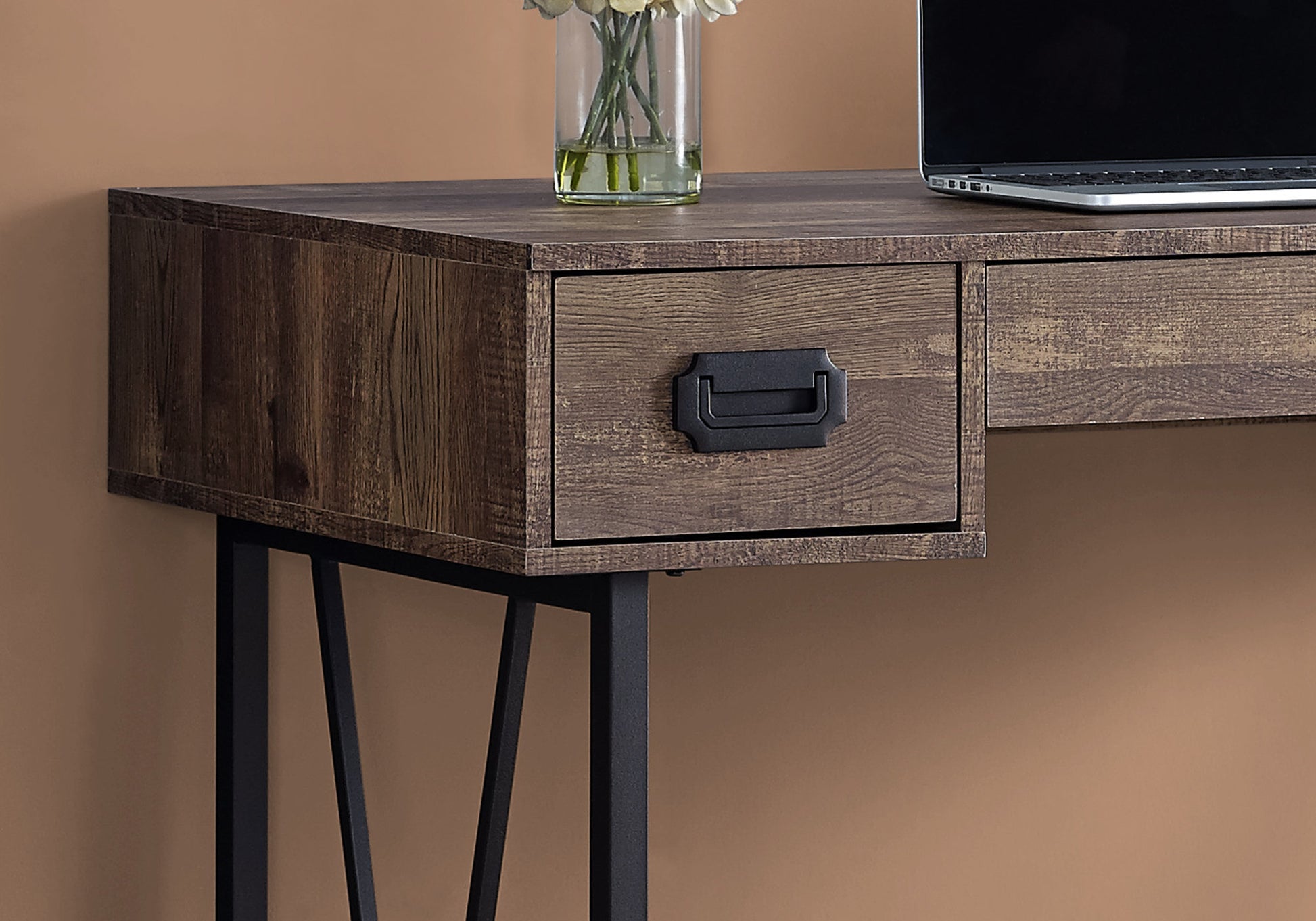 Rustic wood writing desk with black metal hairpin legs and drawer