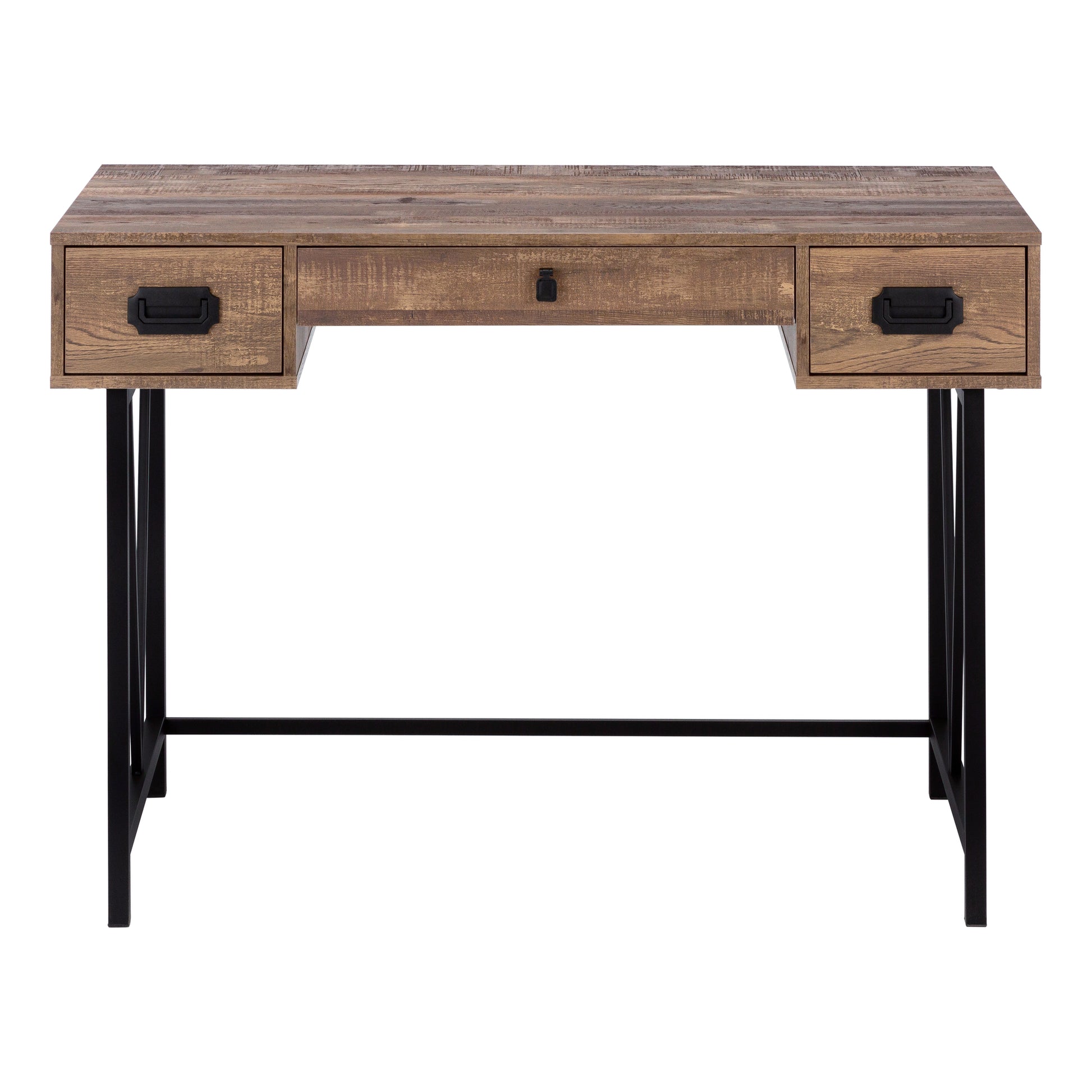 Rustic wood desk with two side drawers and a central drawer industrial black metal legs