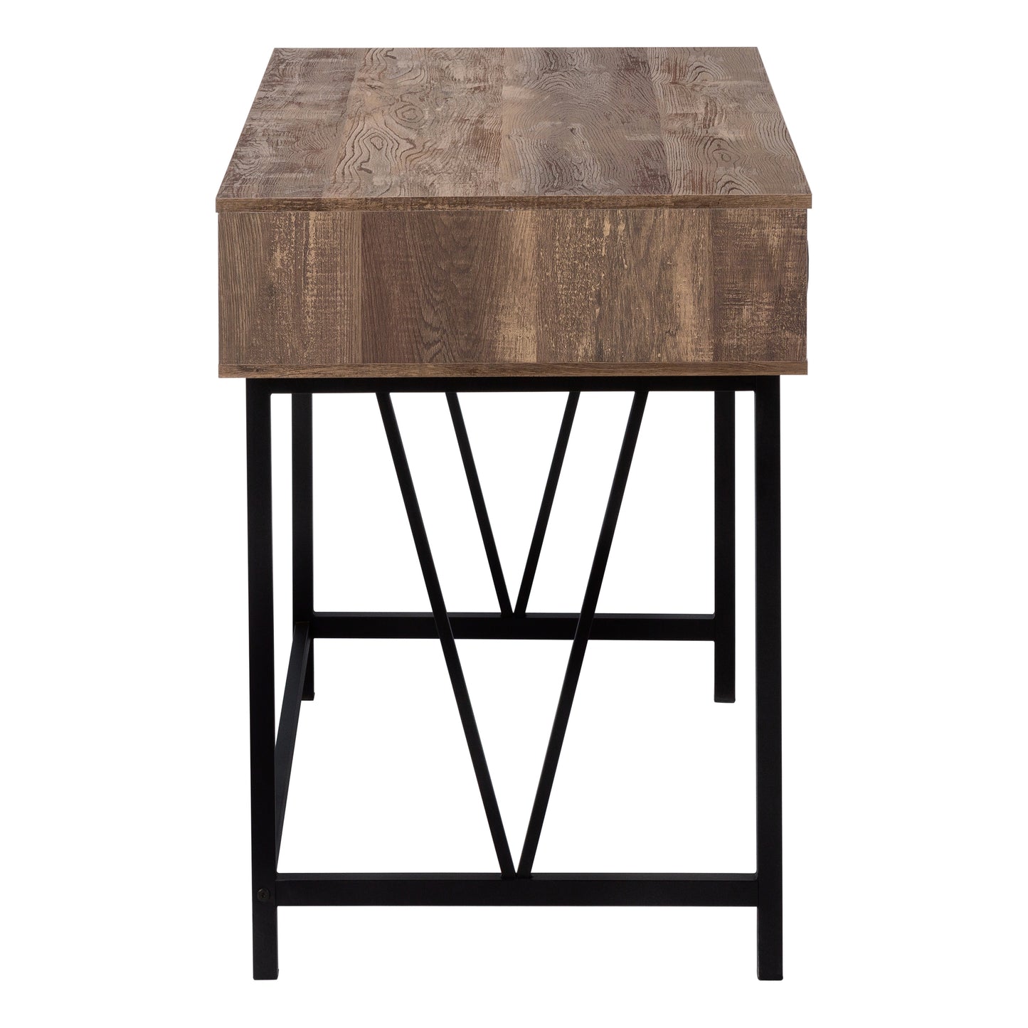 Rustic brown wood grain desk with black metal legs and a single drawer