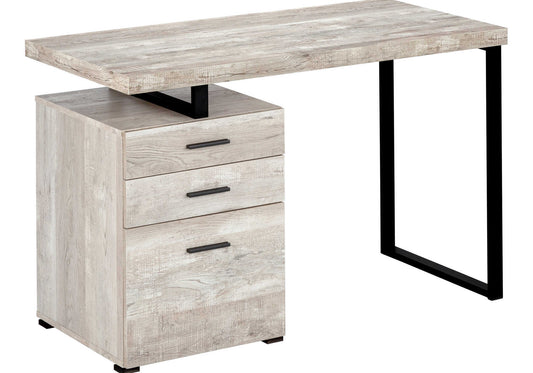 Modern Lshaped desk with distressed wood finish and black metal legs