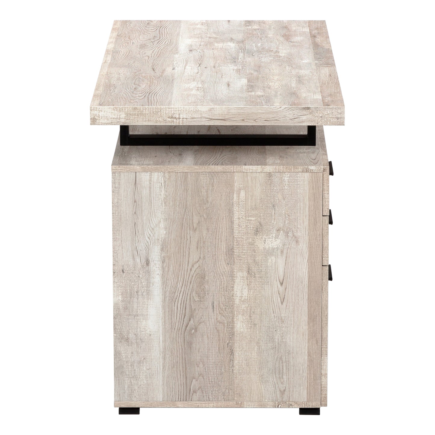 Modern white wood filing cabinet with three drawers and black metal accents