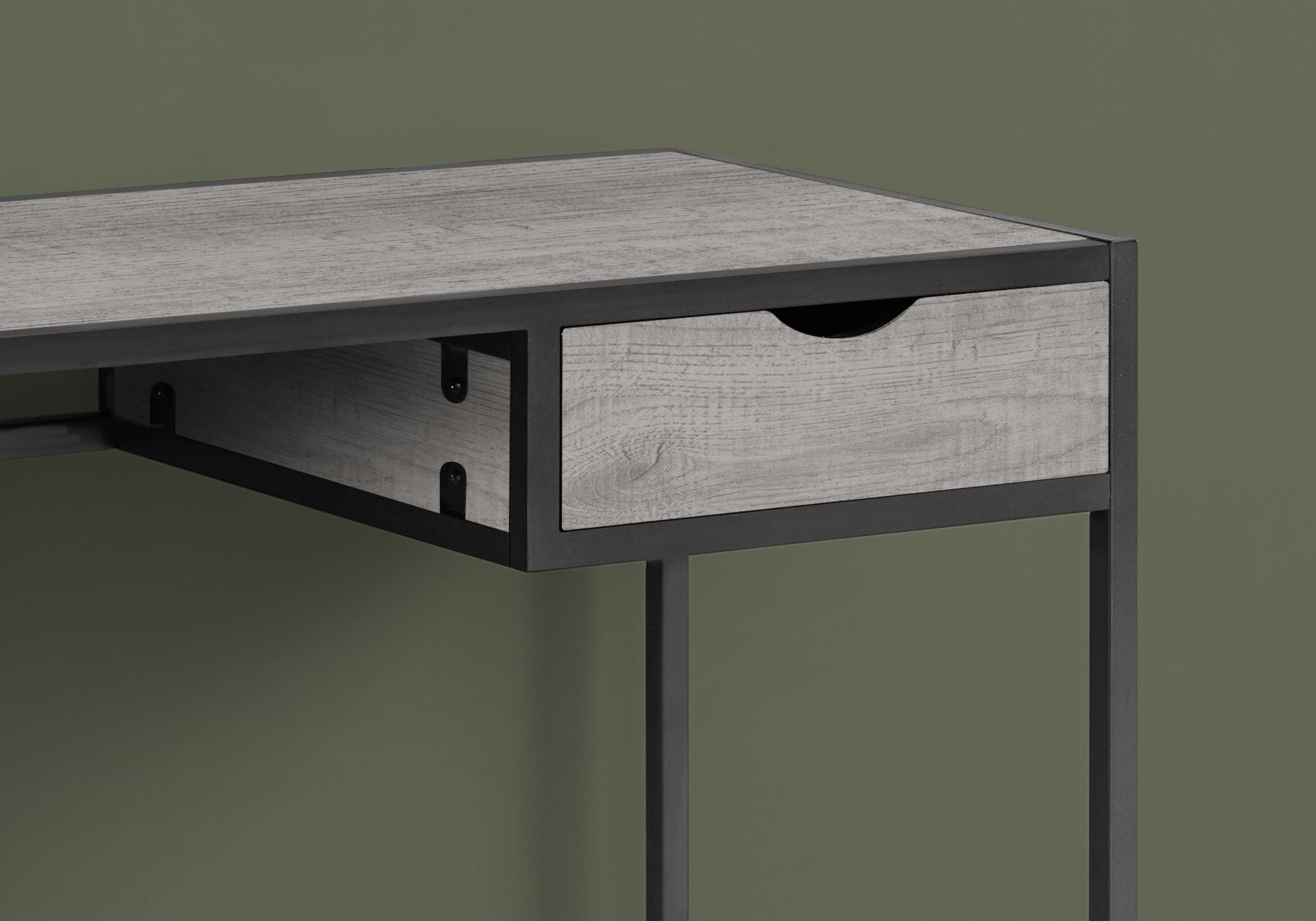 Rustic gray wood and black metal console table with drawer