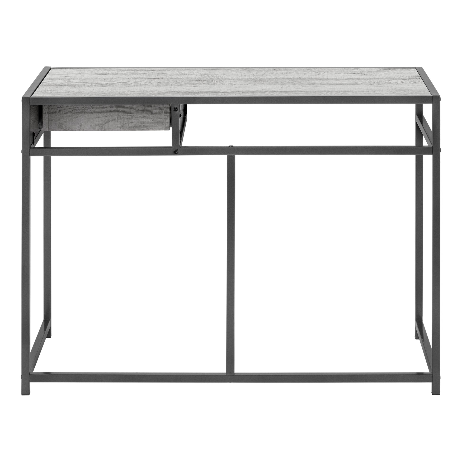Modern grey wood grain desk with one drawer and black metal frame