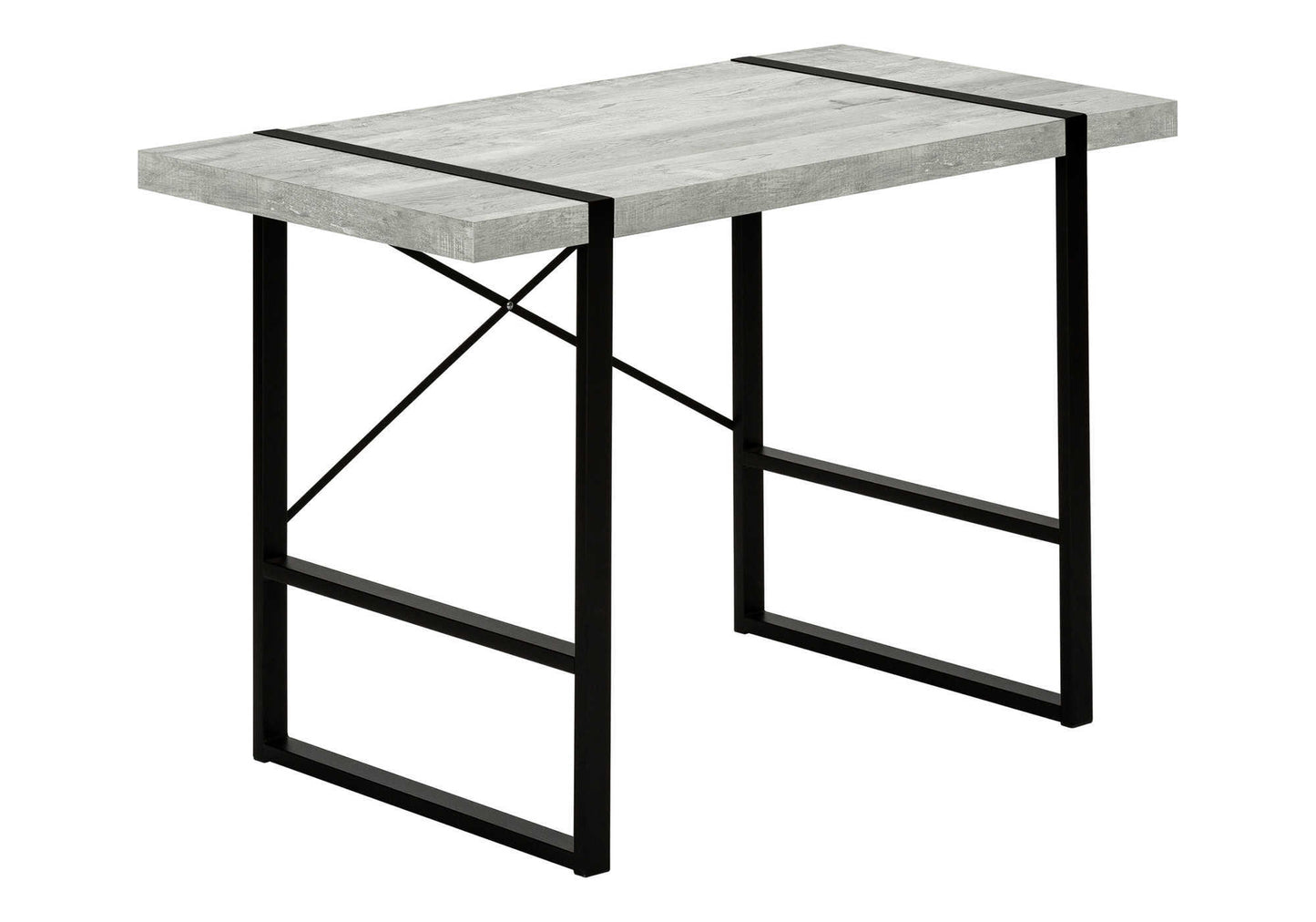 Gray wood grain top desk with black metal frame and Xsupports