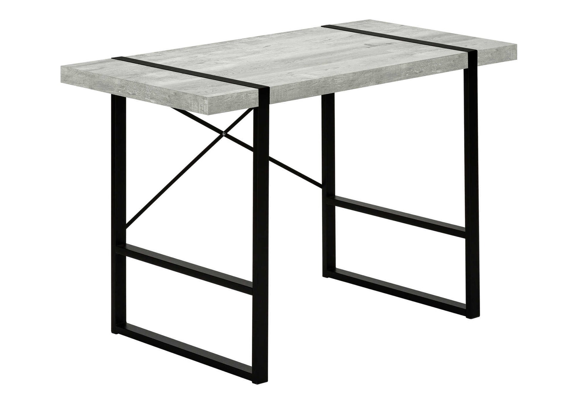 Gray wood grain top desk with black metal frame and Xsupports